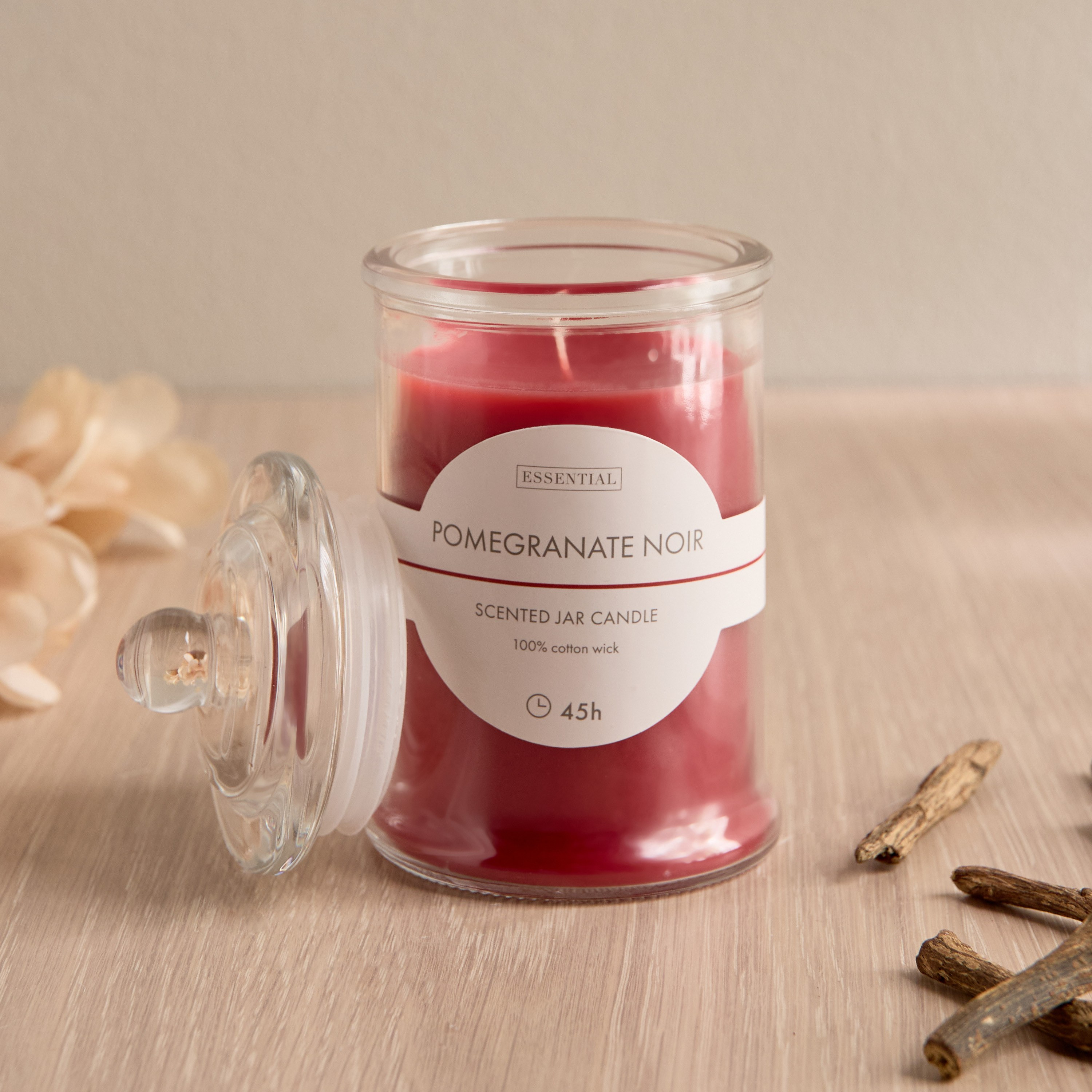 Essentials Pomegranate Noir Scented Glass Jar Candle