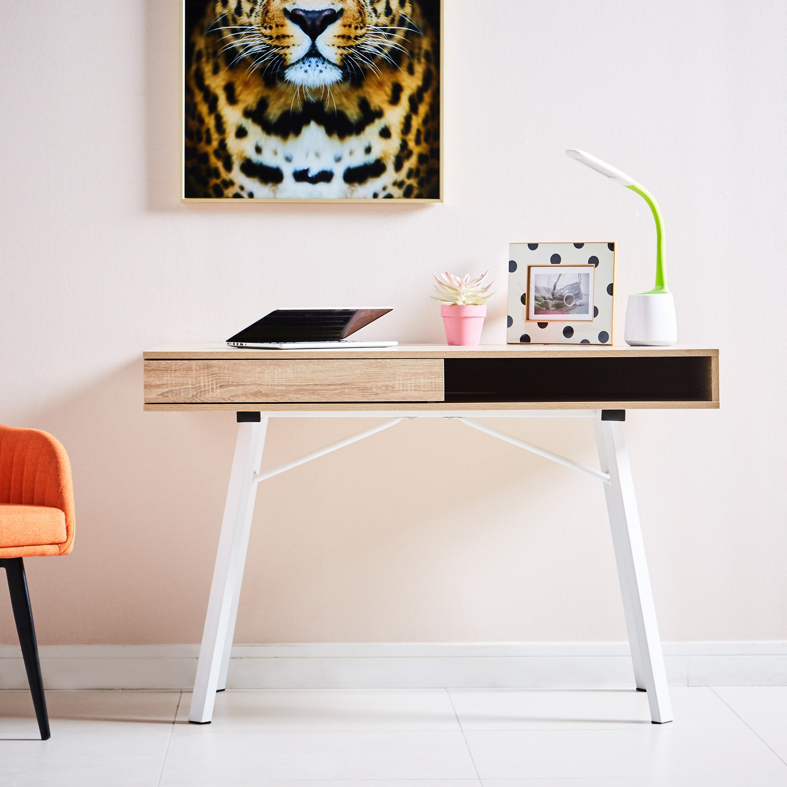 Desk with pull out outlet drawer