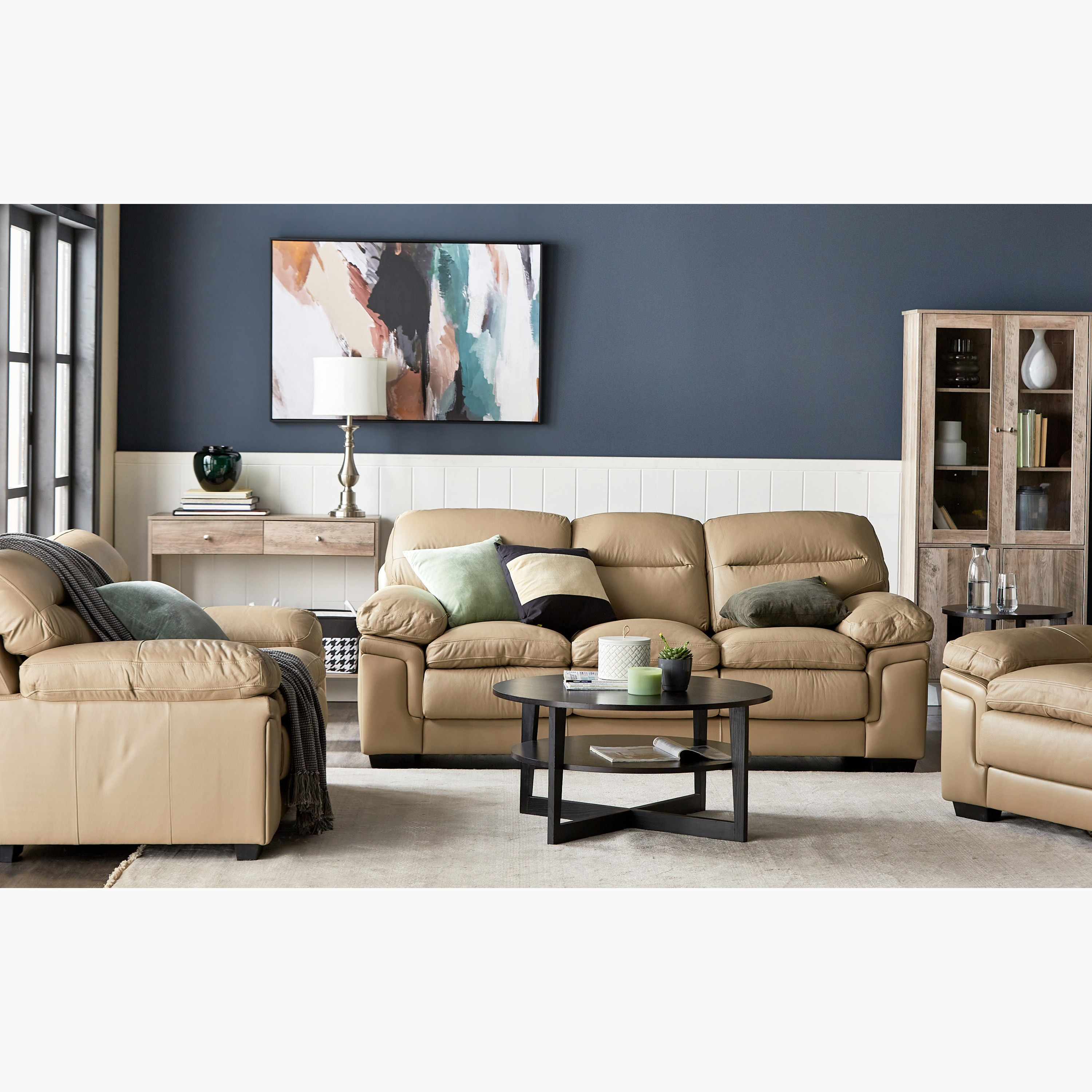 Beige leather deals living room set