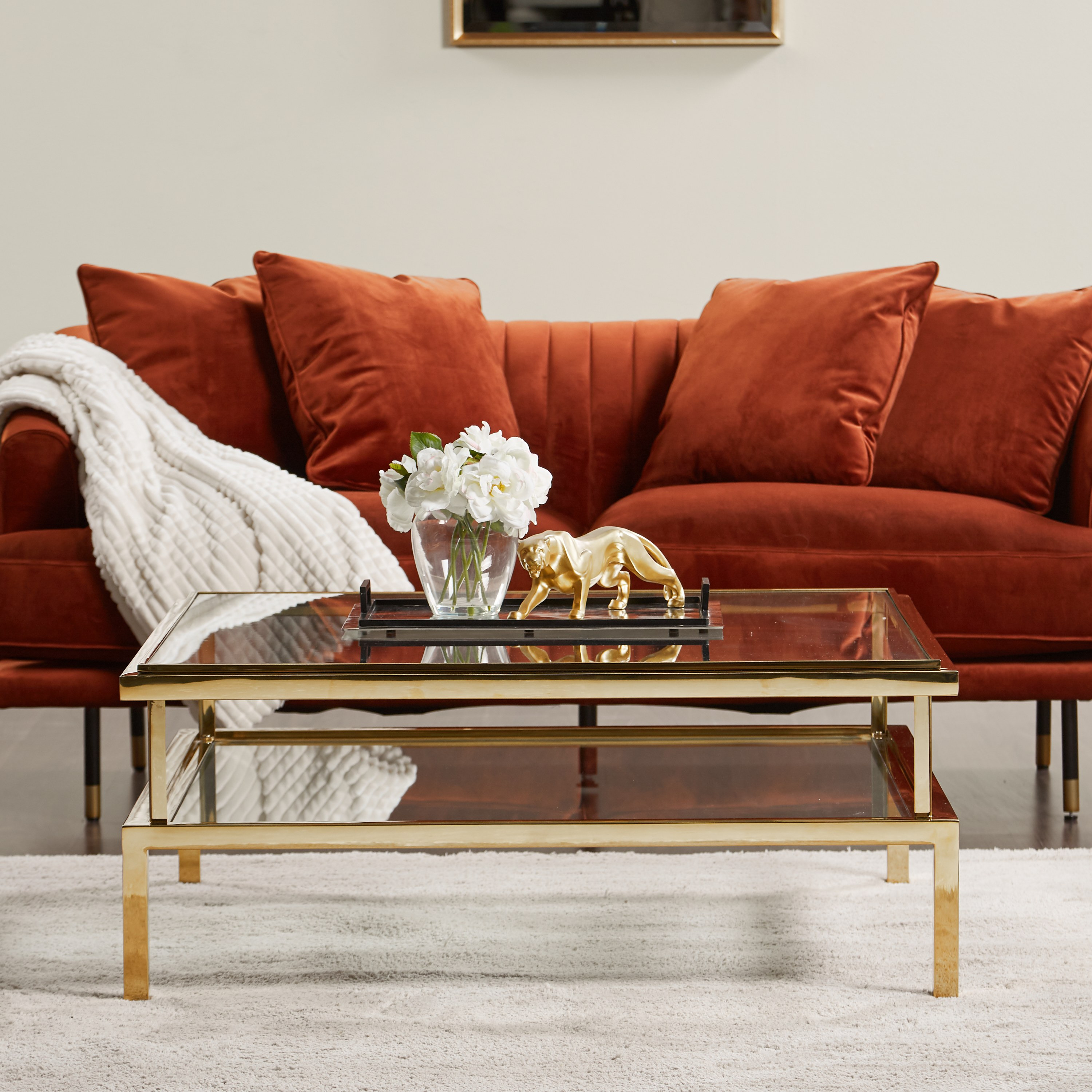 Velvet coffee table store with glass top