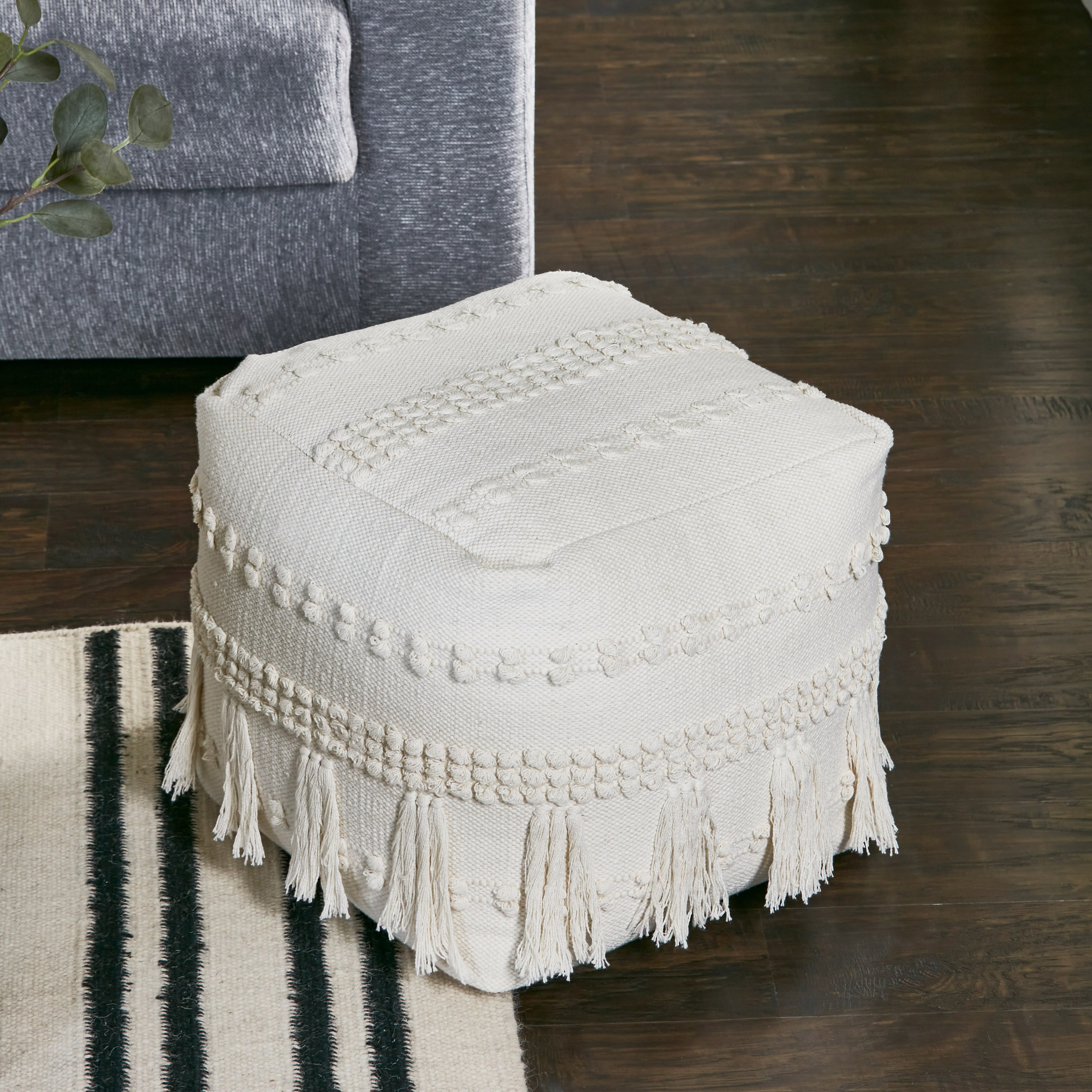 Harlow Textured Pouffe with Tassels - 40x40 cm-household-cushionsandthrows-poufs-image-2
