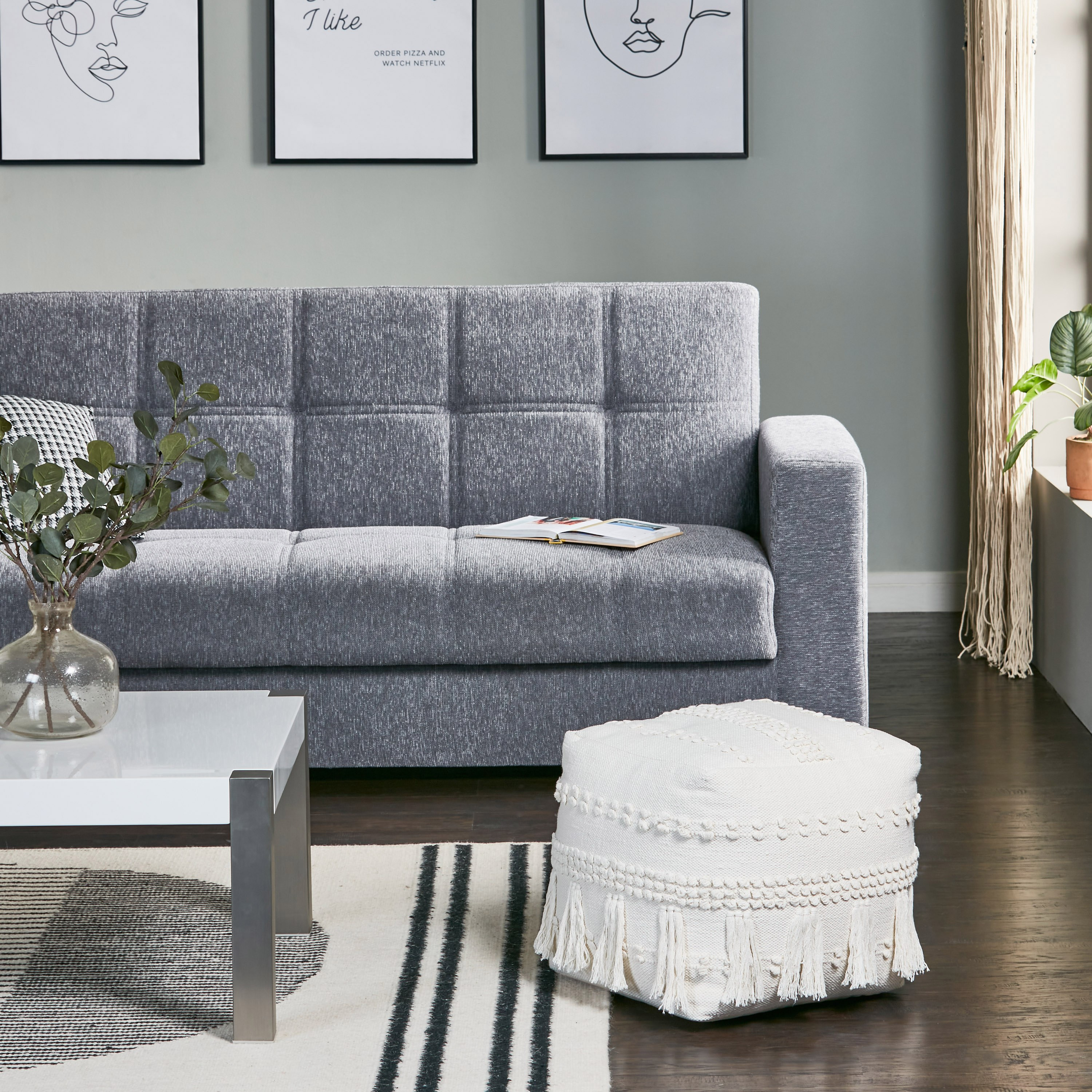 Harlow Textured Pouffe with Tassels - 40x40 cm-household-cushionsandthrows-poufs-image-5