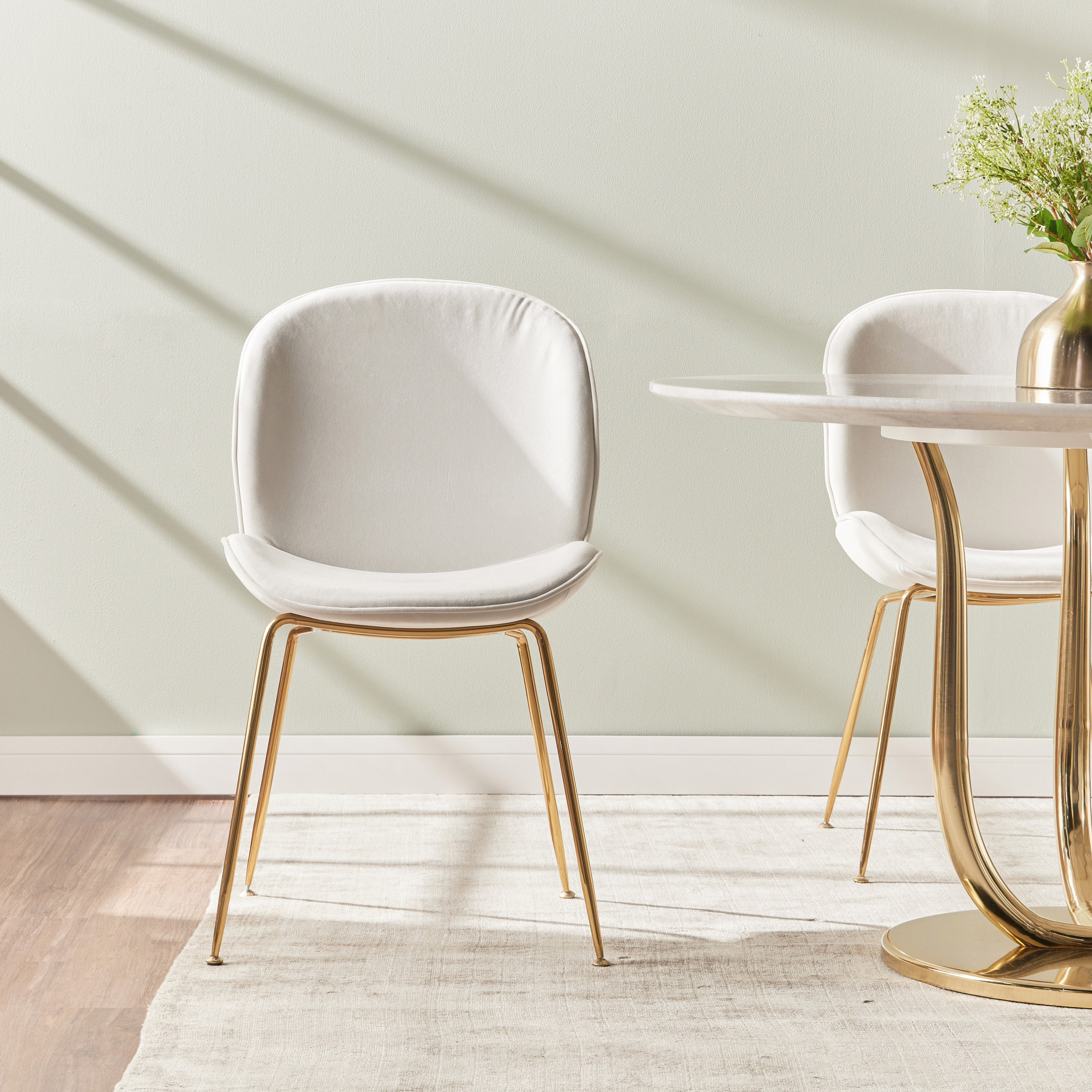 White fabric store dining chairs