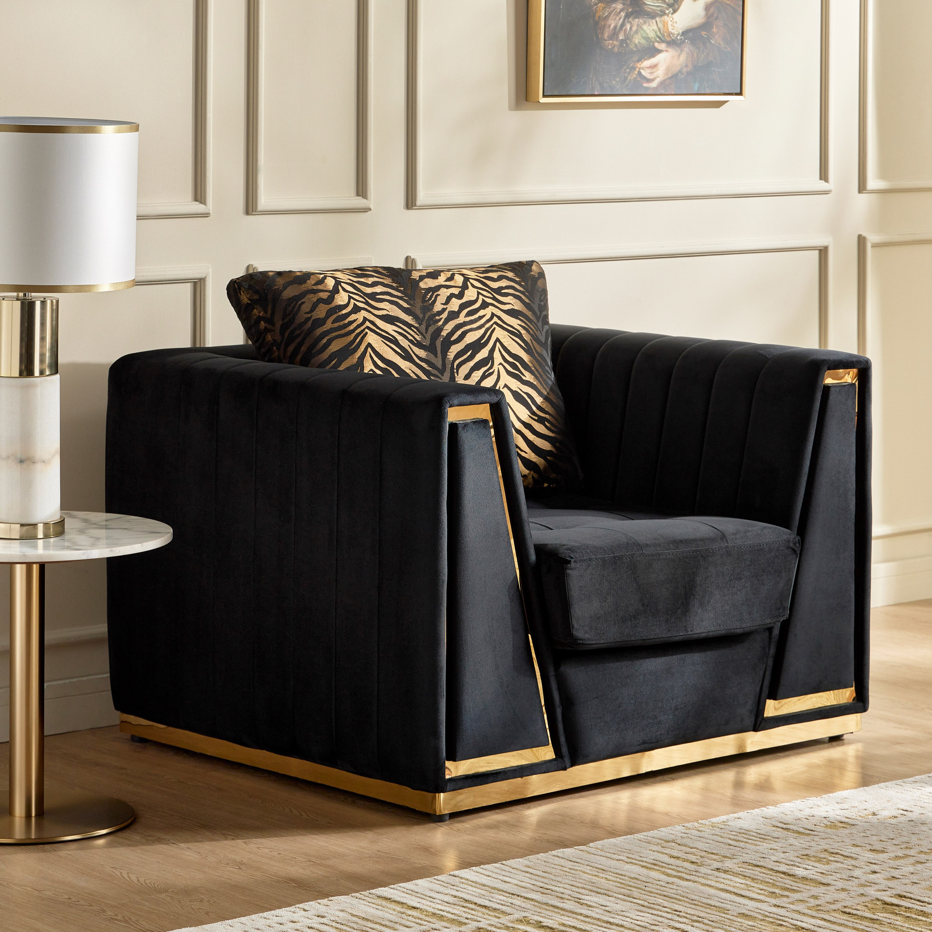 Velvet armchair with online ottoman