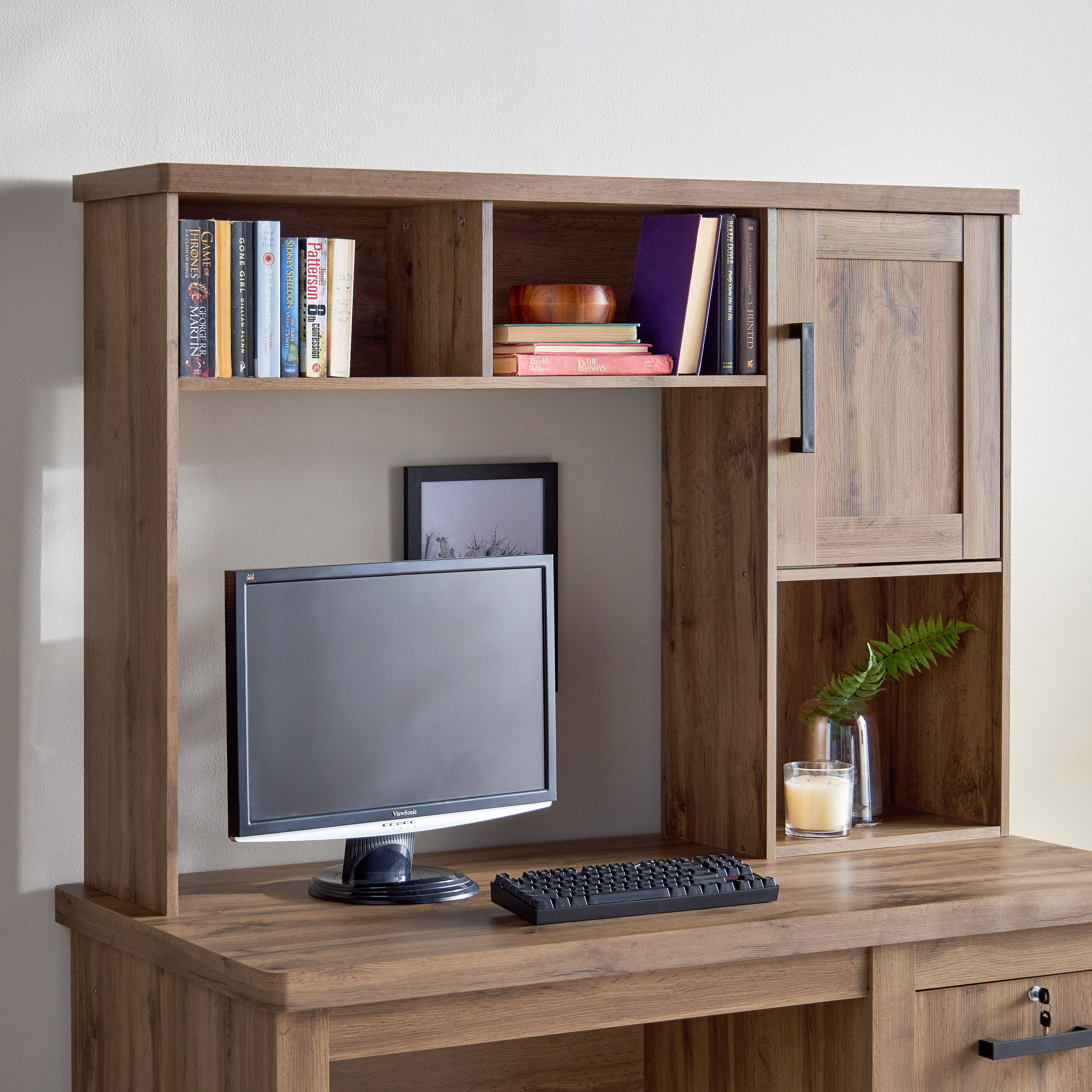 Home office desk with store hutch and drawers