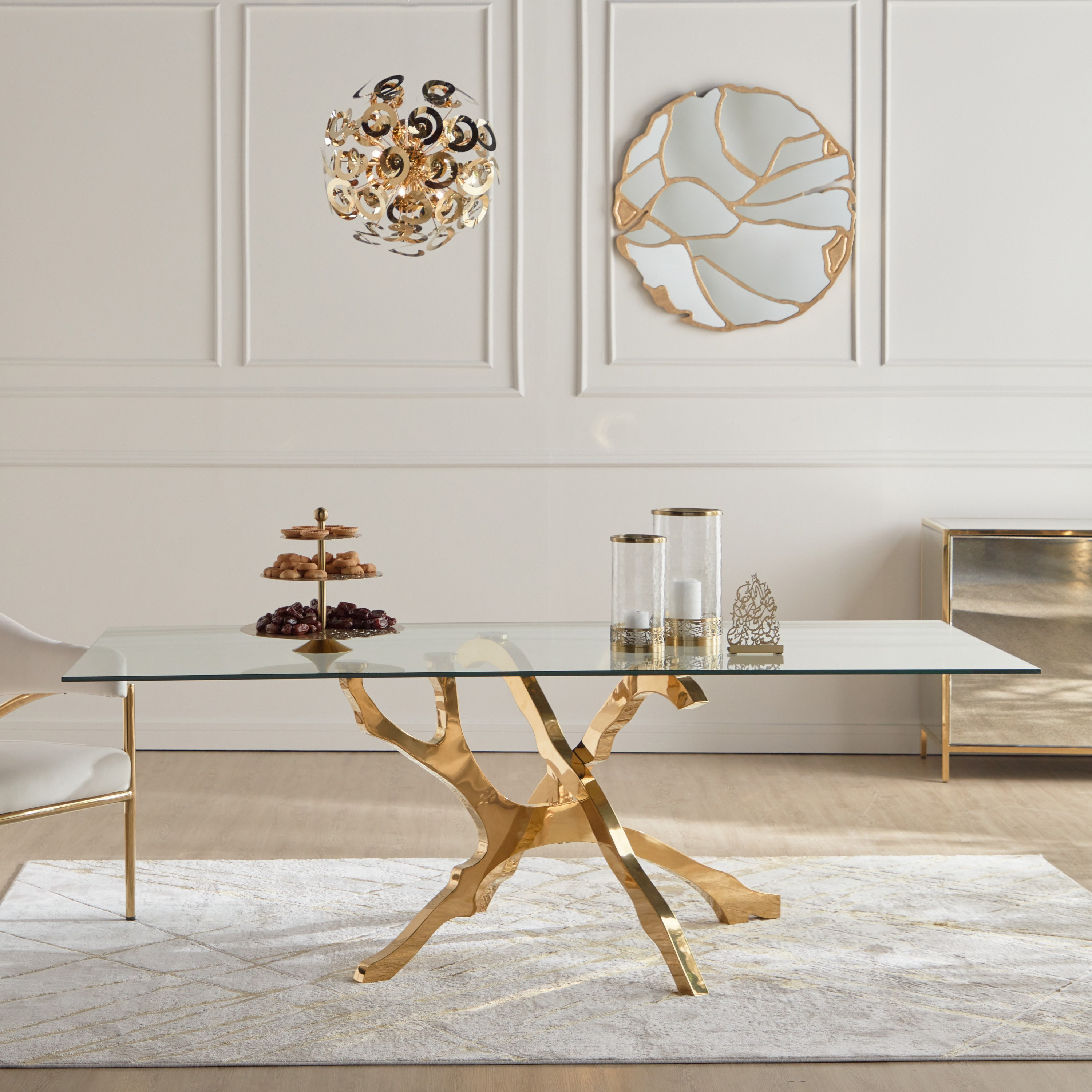 Glass dining table with shop gold base