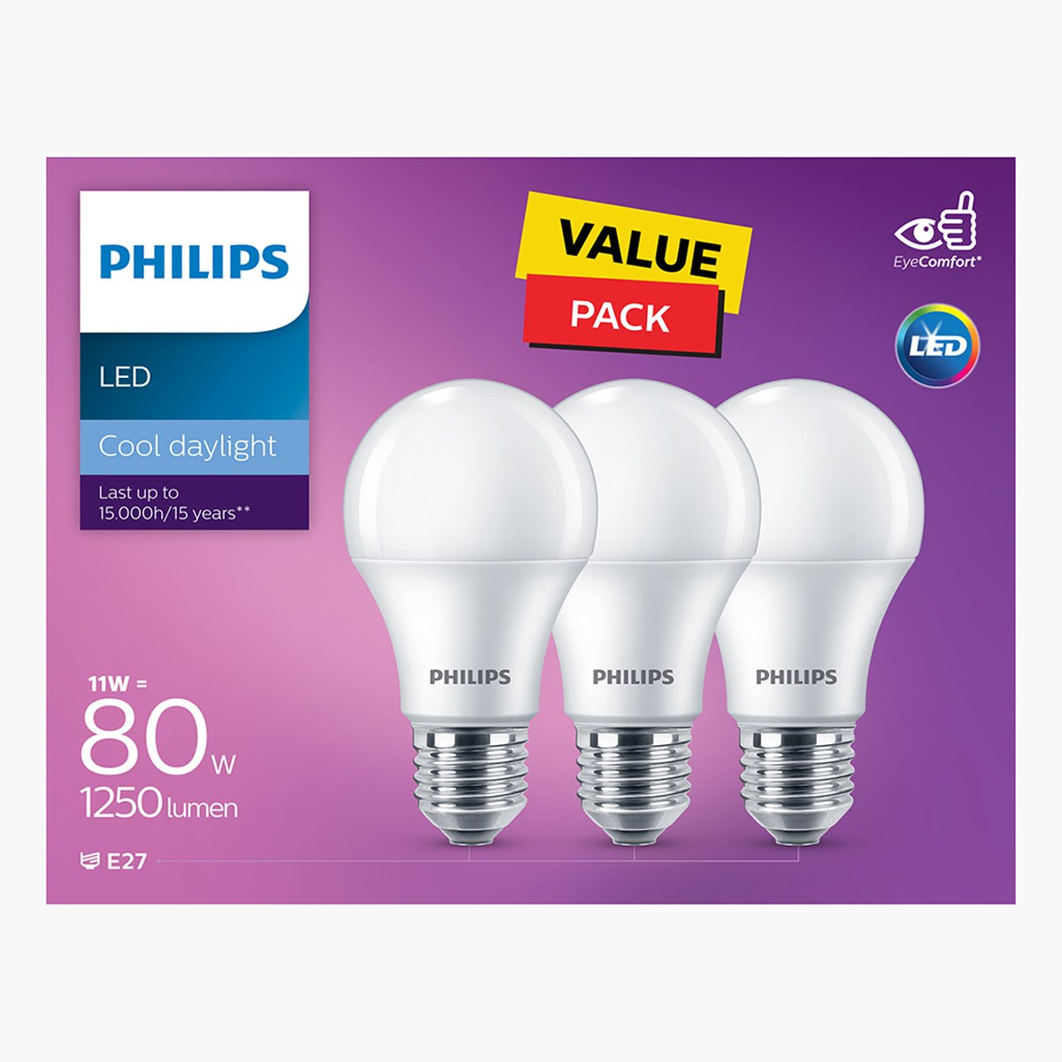 Shop Philips 3 Piece A60 6500K Non Dimmable LED Bulb Set E27 11W