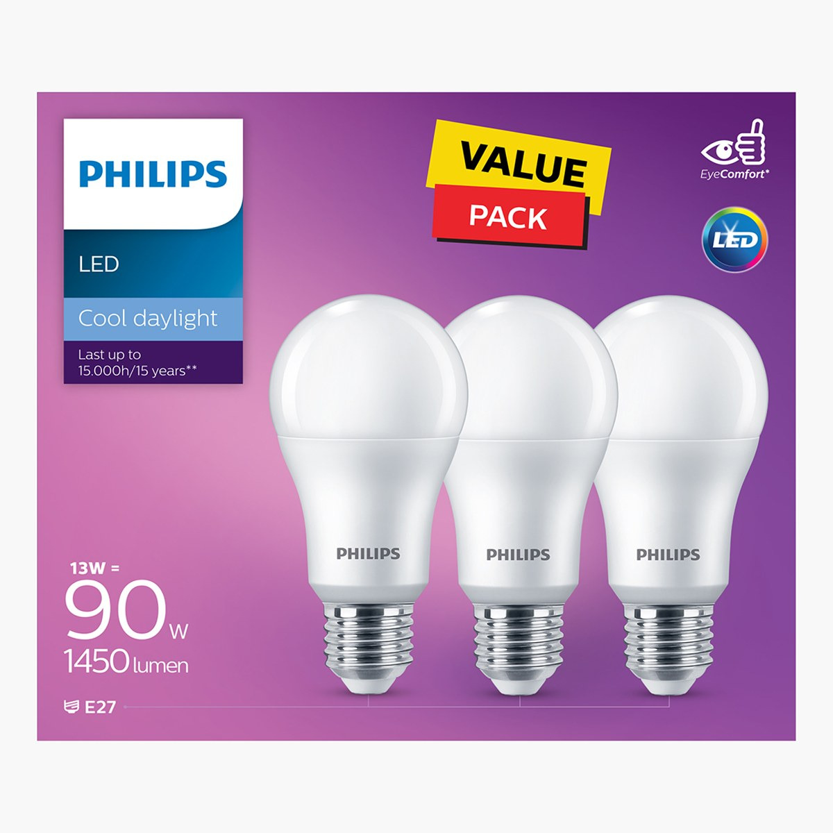 PHILIPS 3-Piece 6500K Non-Dimmable LED A60 Bulb Set - E27 13W 1350 Lumen Cool Day Light-household-lighting-bulbsandbatteries-bulbs-image-1