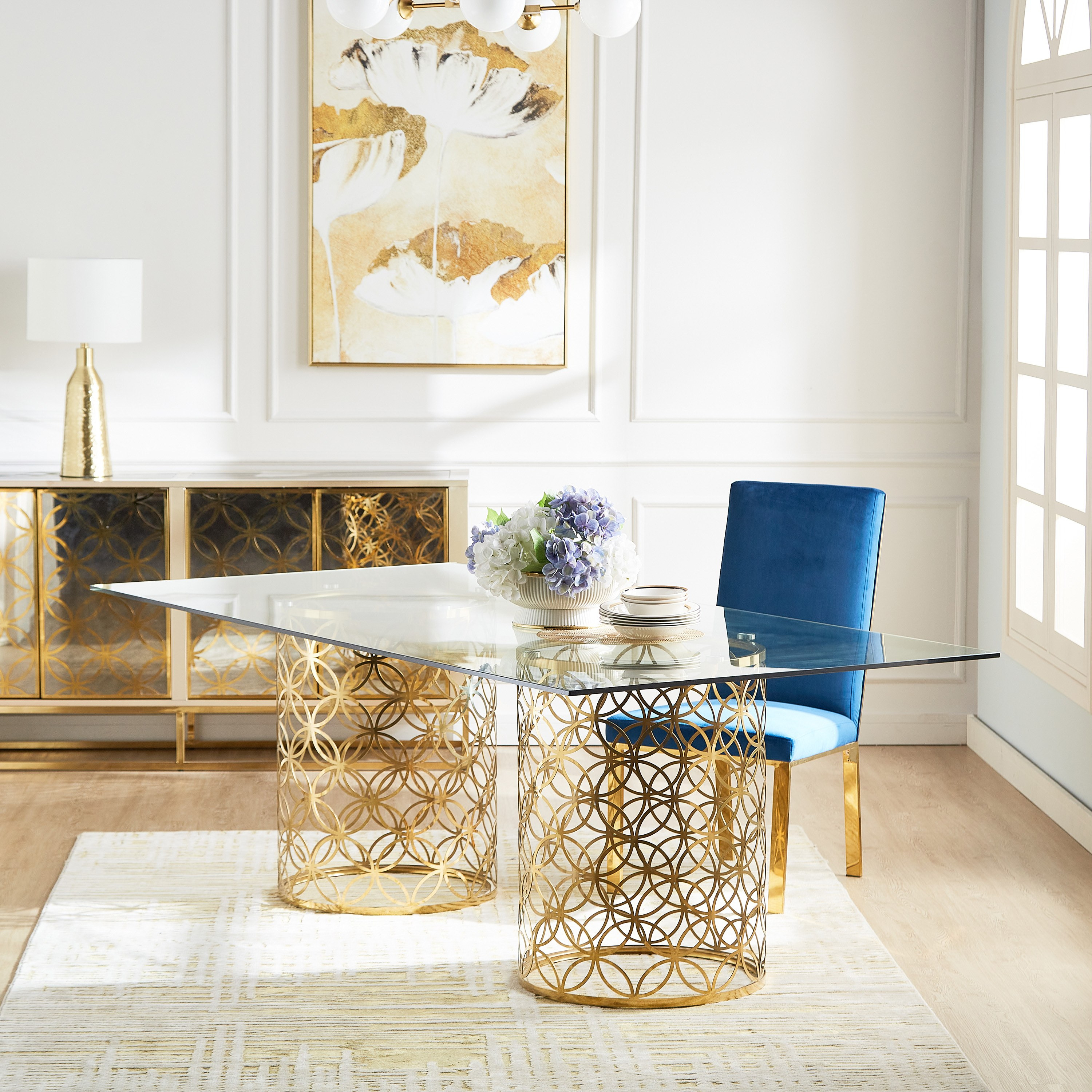 Gold and deals glass dining table