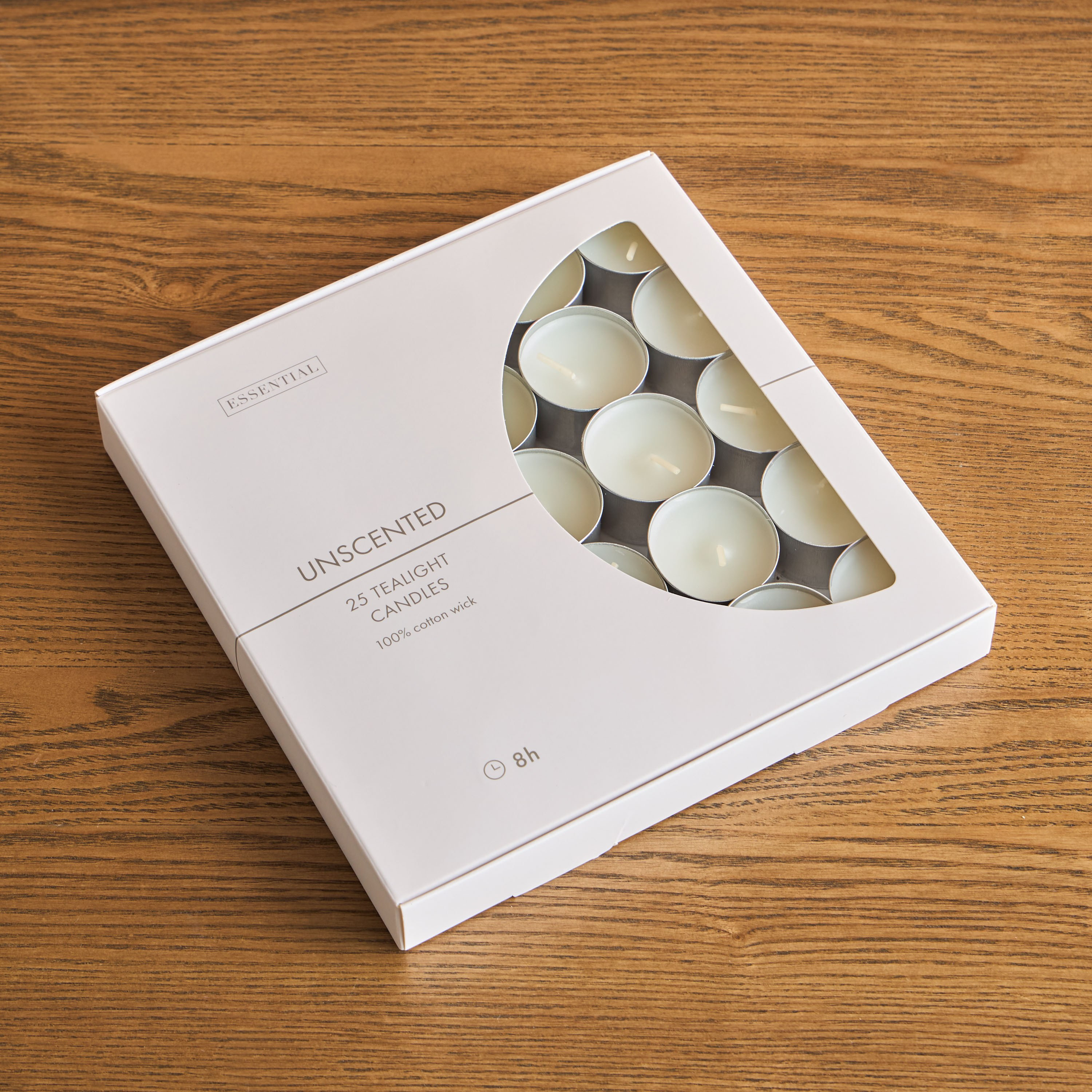 Essentials 25-Piece Unscented Tealight Candles - 8 h
