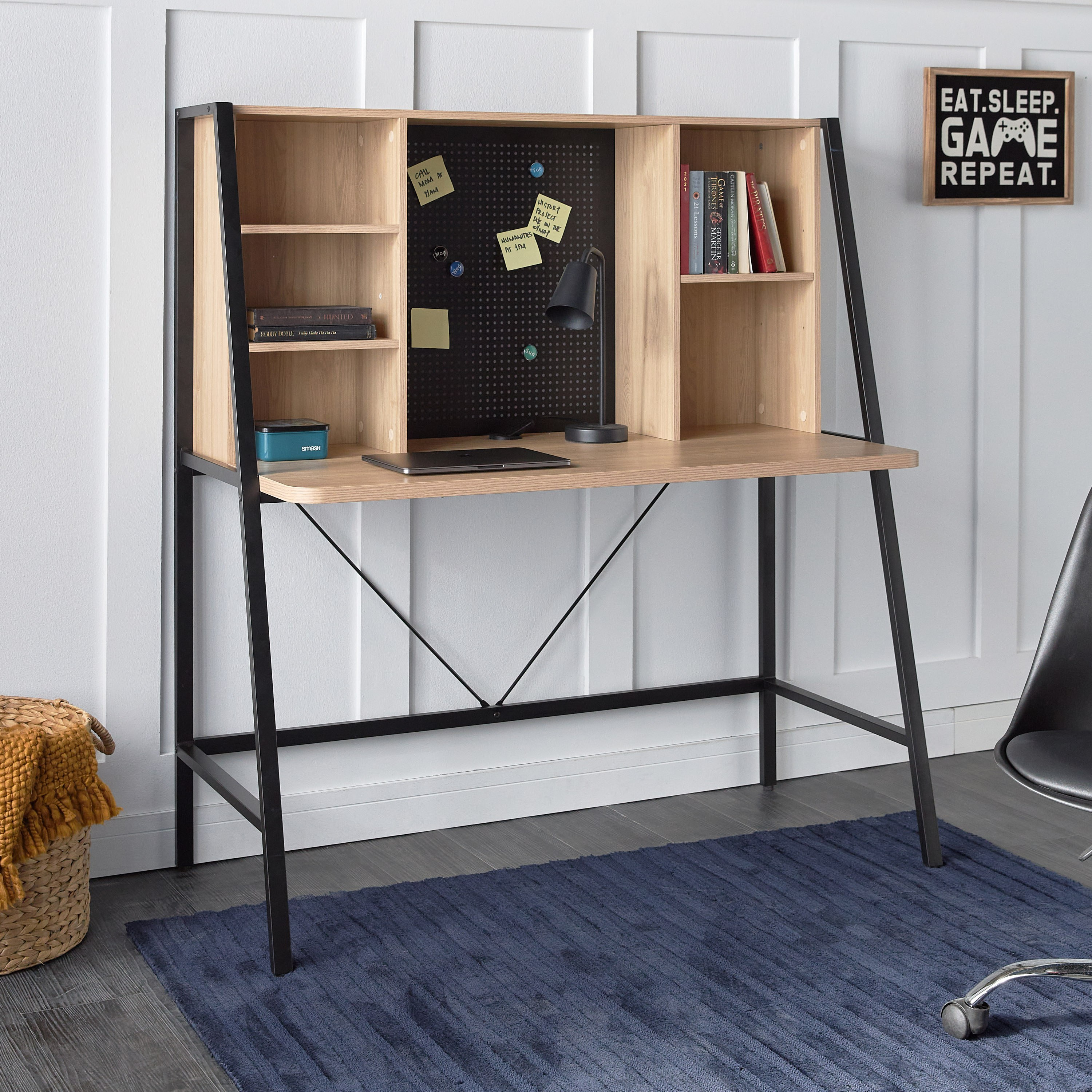 Devin Study Desk with Hutch and Magnetic Pegboard