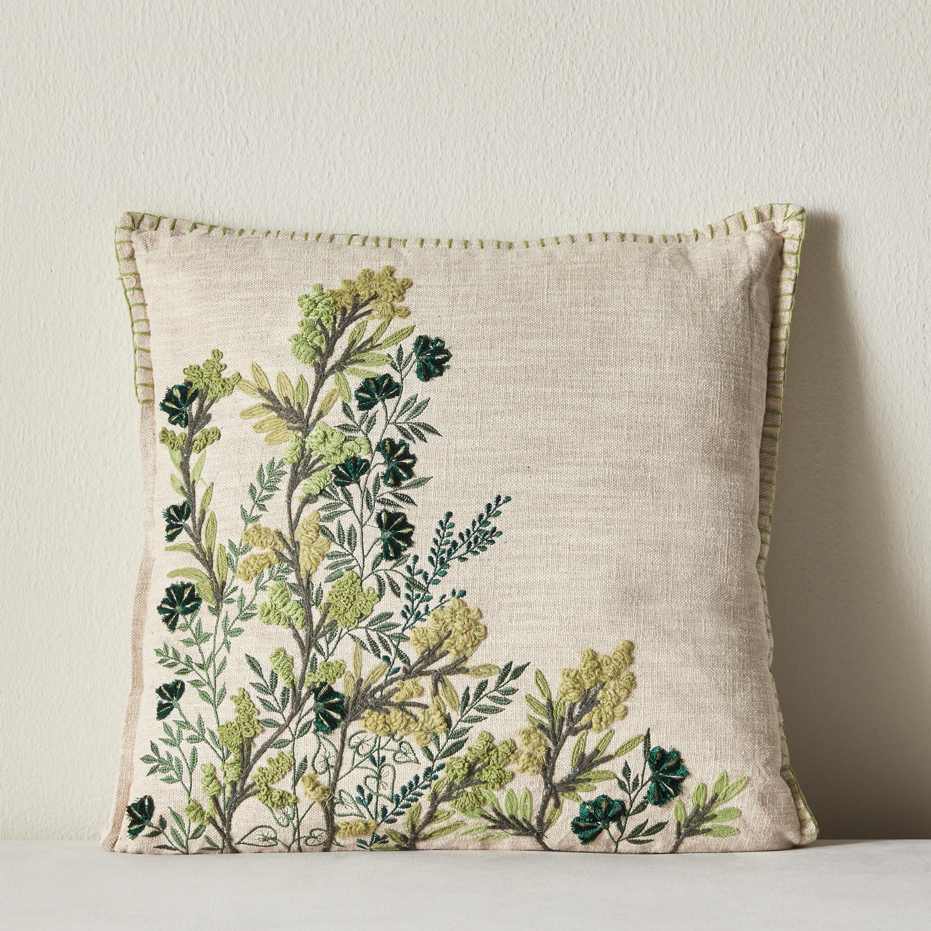 Floret Leaves Bunch On Cotton Embroidered Filled Cushion - 50x50 cm