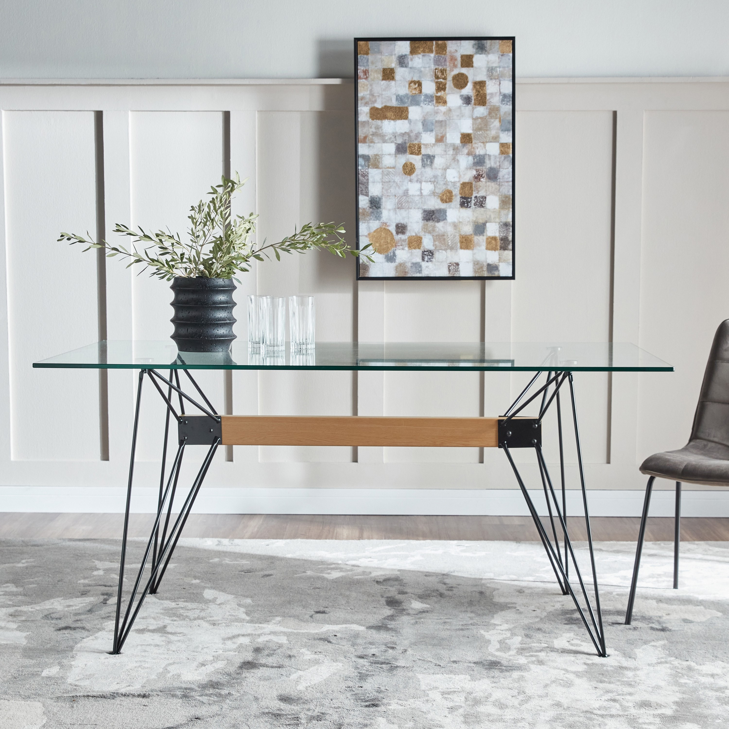 Metal dining table store with glass top