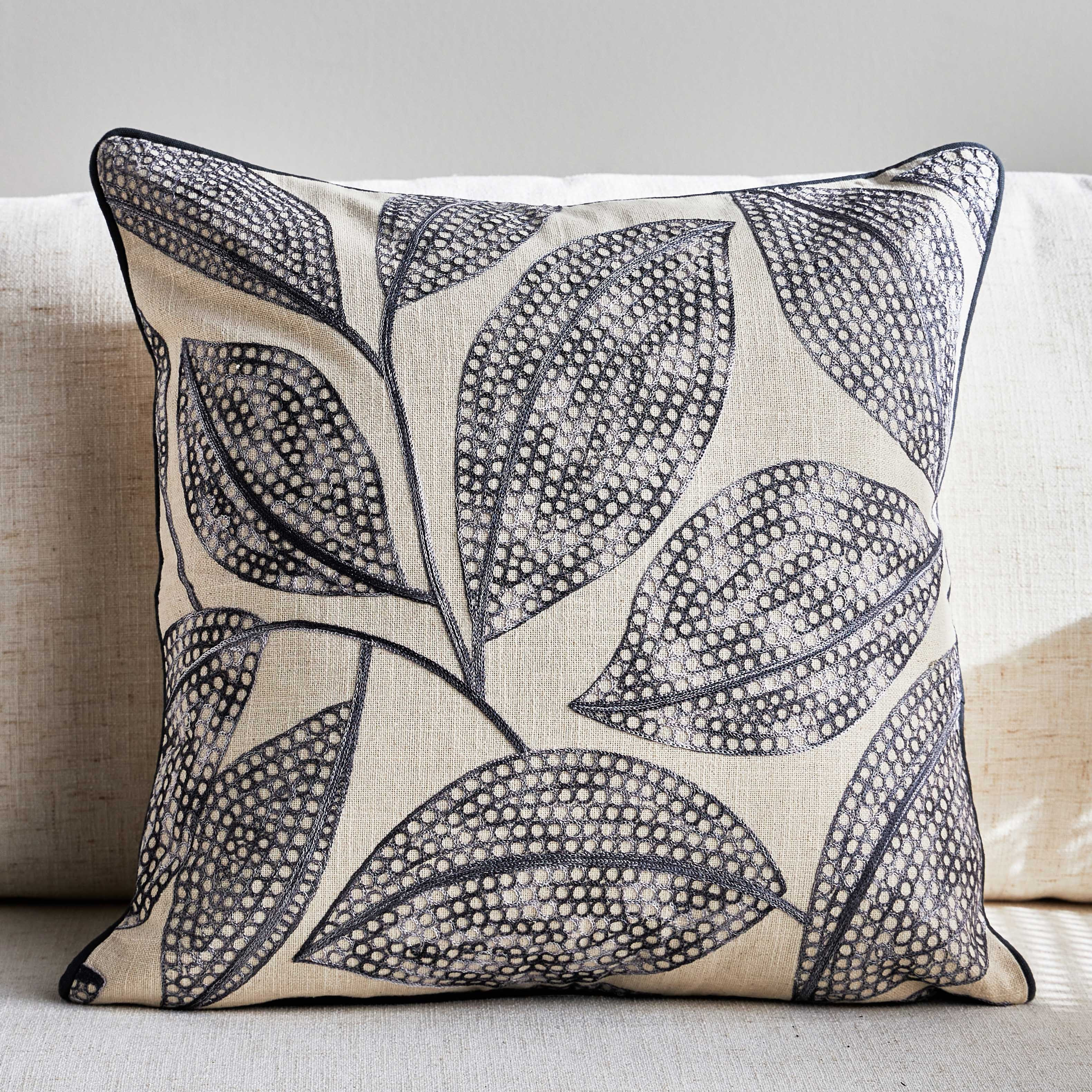 Esen Big Leaf Embroidered Filled Cushion - 50x50 cm