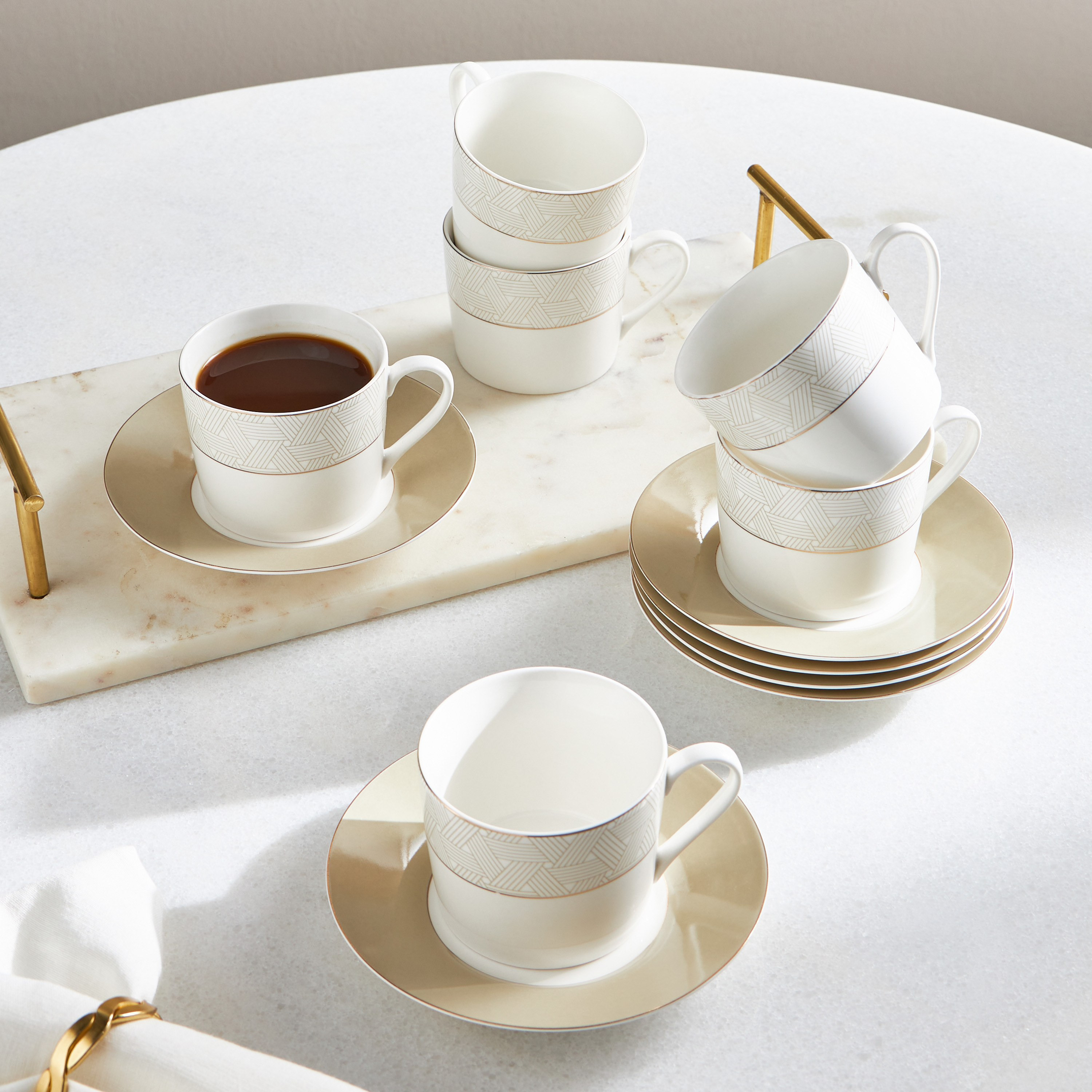 Noura 12-Piece New Bone China Cup and Saucer Set - 220 ml, Serves 6