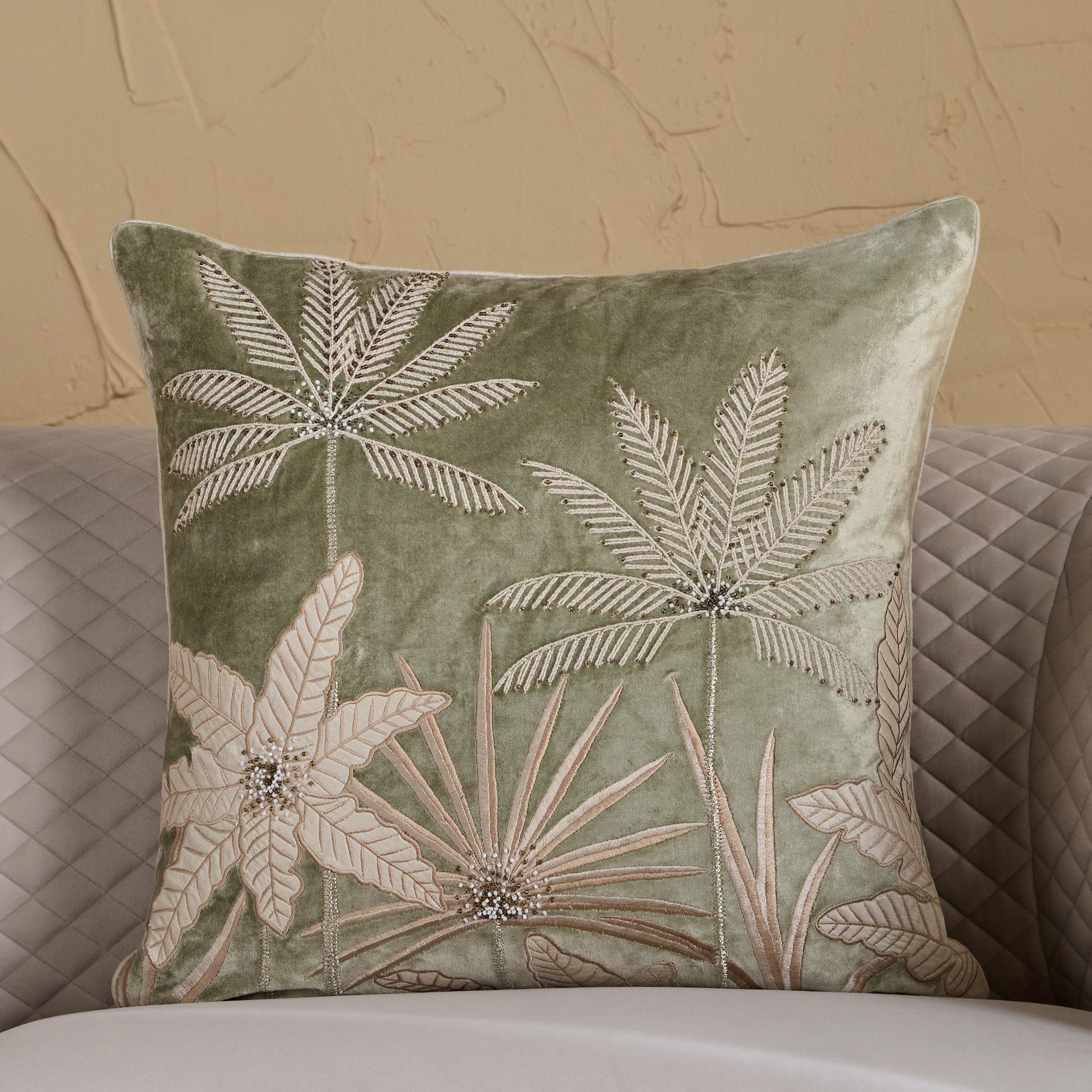 Tamara Palm Trees Embroidered Filled Cushion - 50x50 cm-household-cushionsandthrows-filledcushions-decorativecushions-image-1