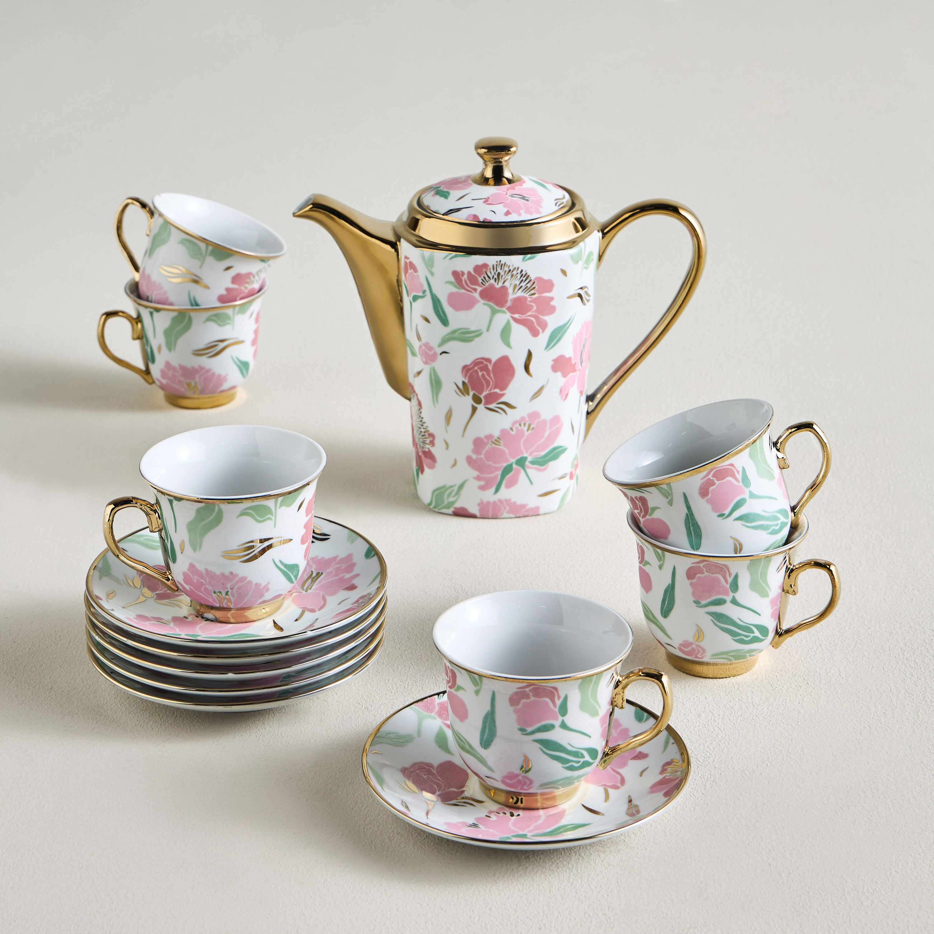 Ivy 13-Piece Porcelain Tea Set - 800 ml, Serves 6
