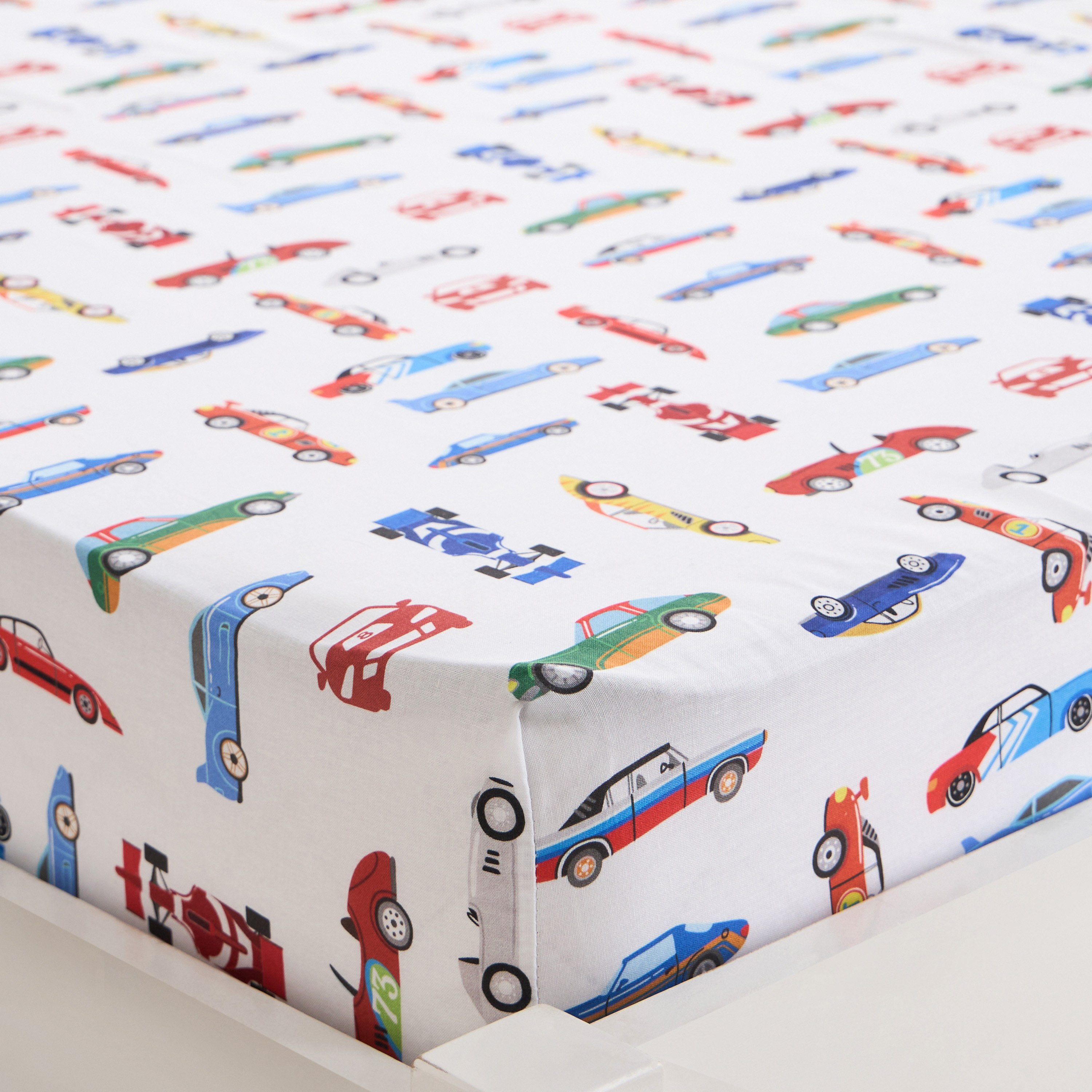 Flags and Cars Cotton 144 Thread Count 2-Piece Single Fitted Sheet Set - 90x200 cm-babyandkids-beddingandwindows-bedding-fittedandflatsheets-image-2