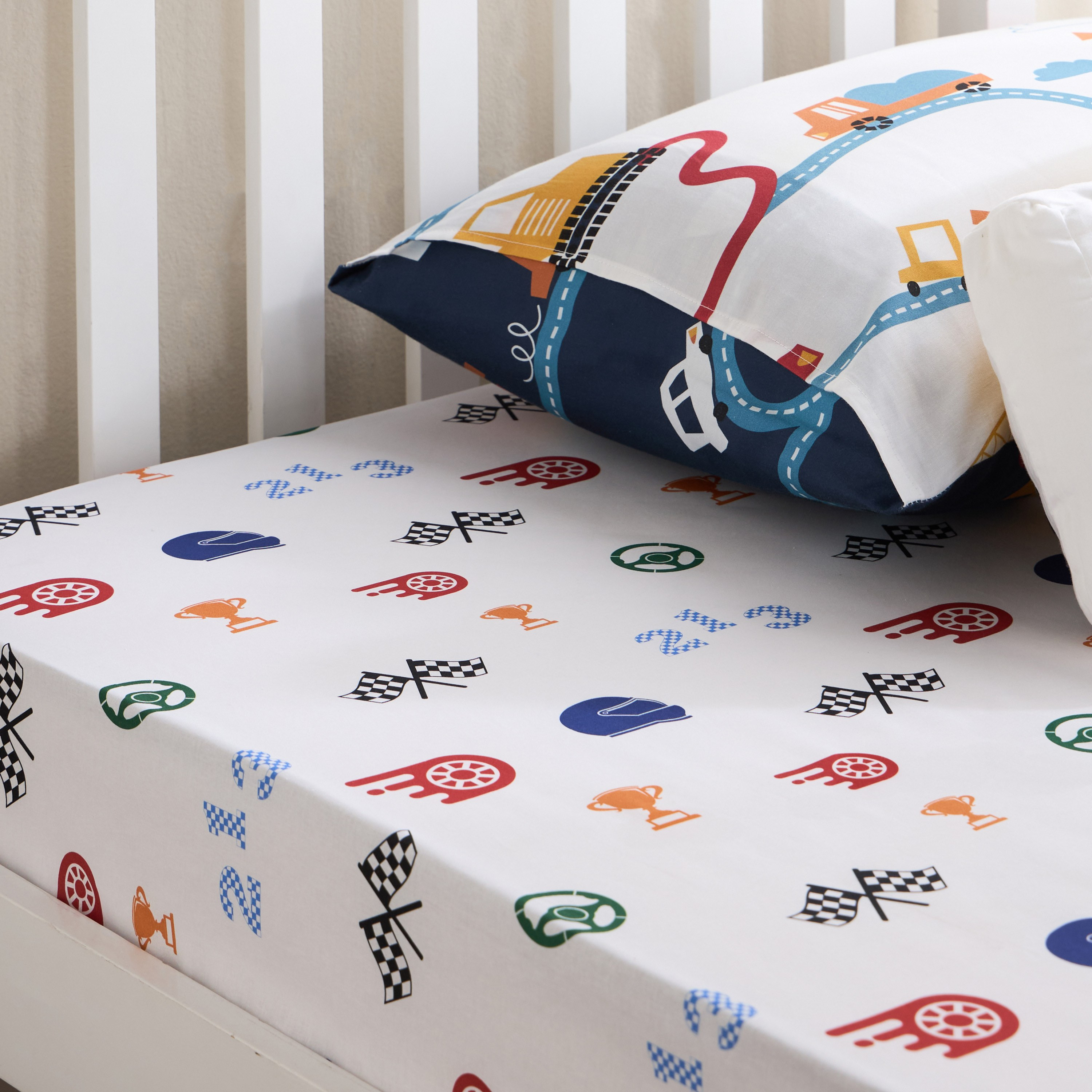 Flags and Cars Cotton 144 Thread Count 2-Piece Single Fitted Sheet Set - 90x200 cm-babyandkids-beddingandwindows-bedding-fittedandflatsheets-image-4