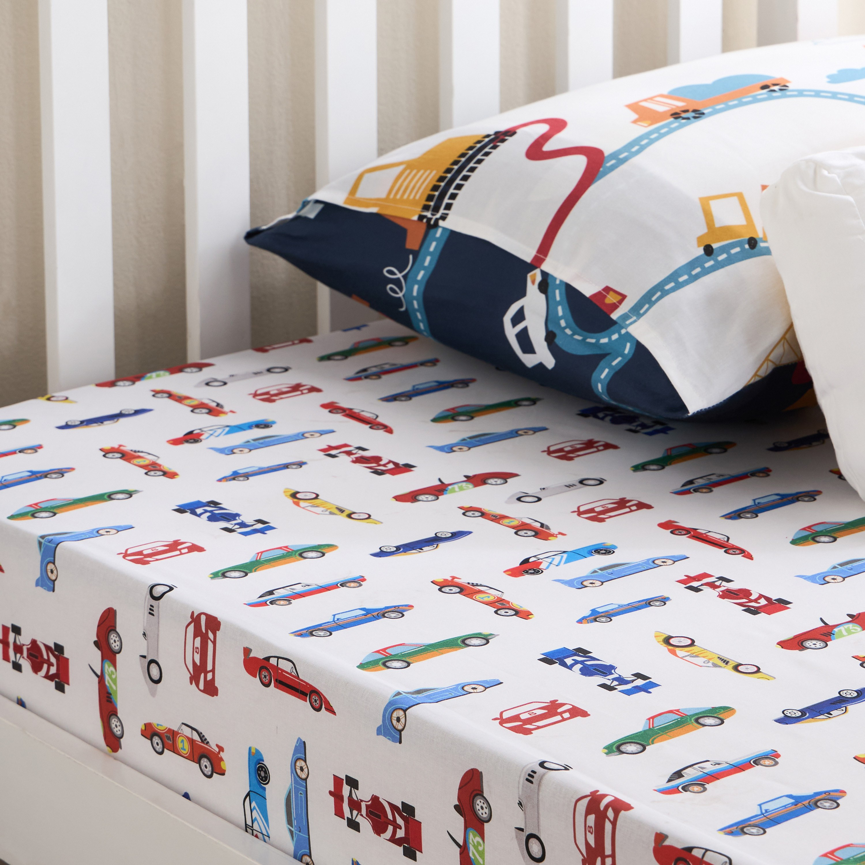 Flags and Cars Cotton 144 Thread Count 2-Piece Single Fitted Sheet Set - 90x200 cm-babyandkids-beddingandwindows-bedding-fittedandflatsheets-image-5