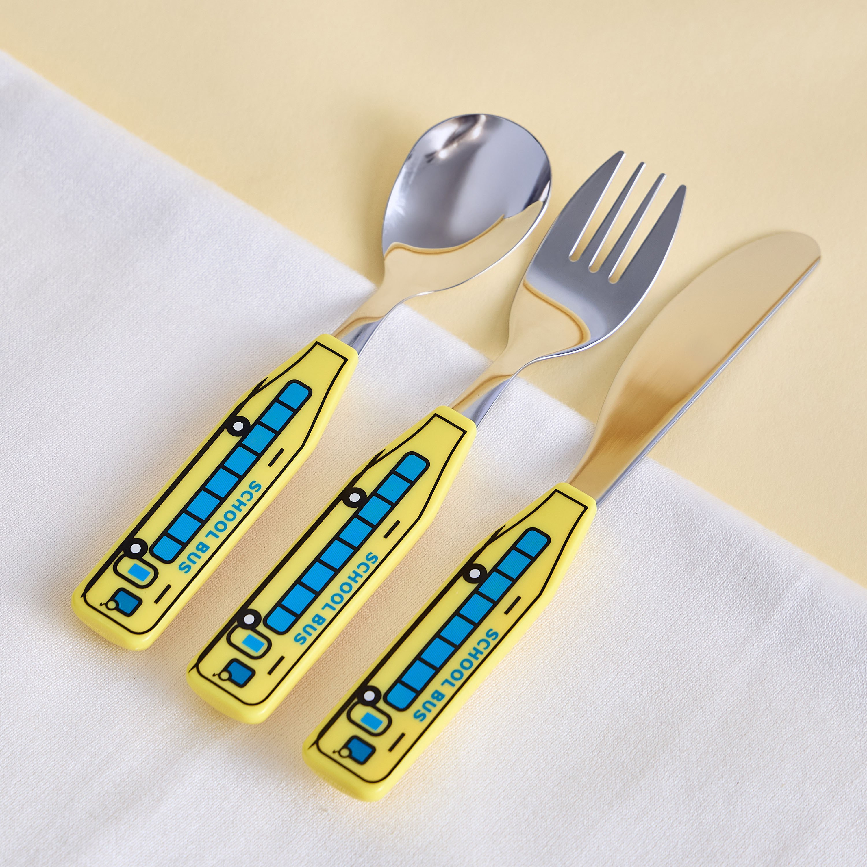 طقم أدوات مائدة ستانليس ستيل 3 قطع برسومات باص المدرسة-babyandkids-eatanddrink-tableware-image-1