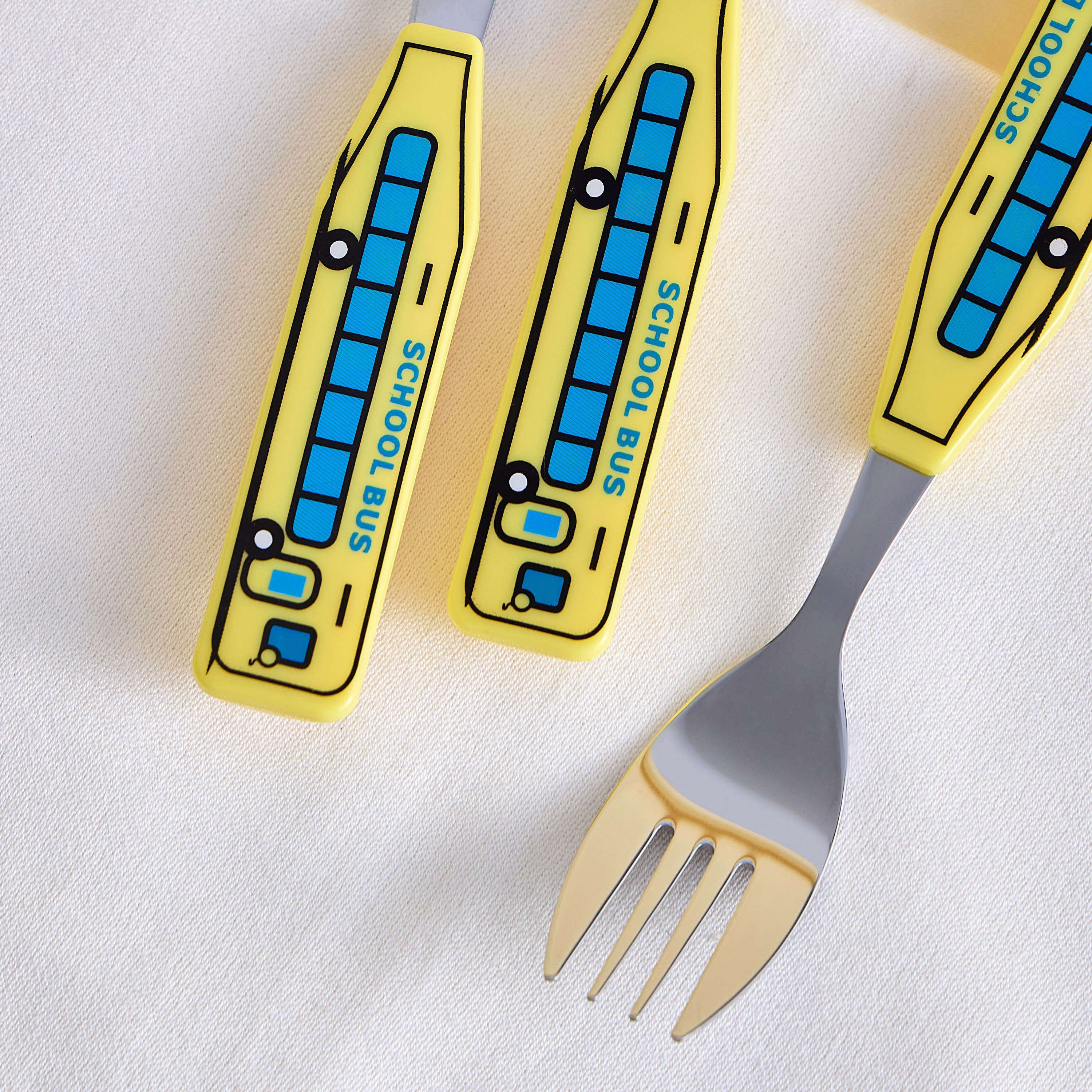 طقم أدوات مائدة ستانليس ستيل 3 قطع برسومات باص المدرسة-babyandkids-eatanddrink-tableware-image-2