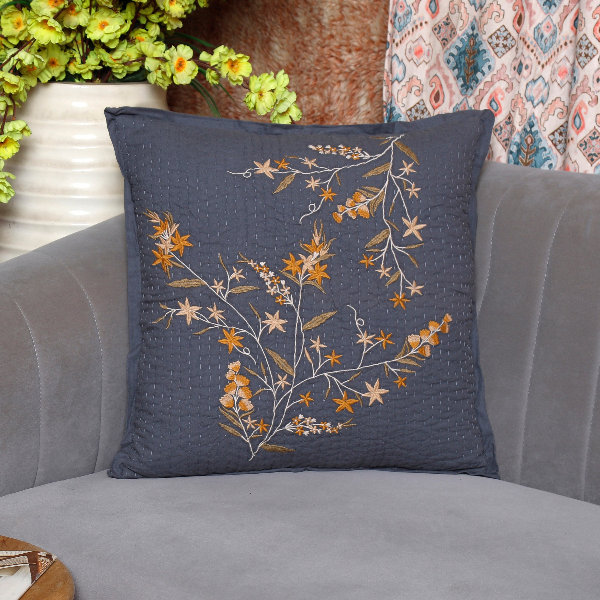 Dogra Quilted Embroidered Filled Cushion - 50x50 cm-household-cushionsandthrows-filledcushions-decorativecushions-image-1