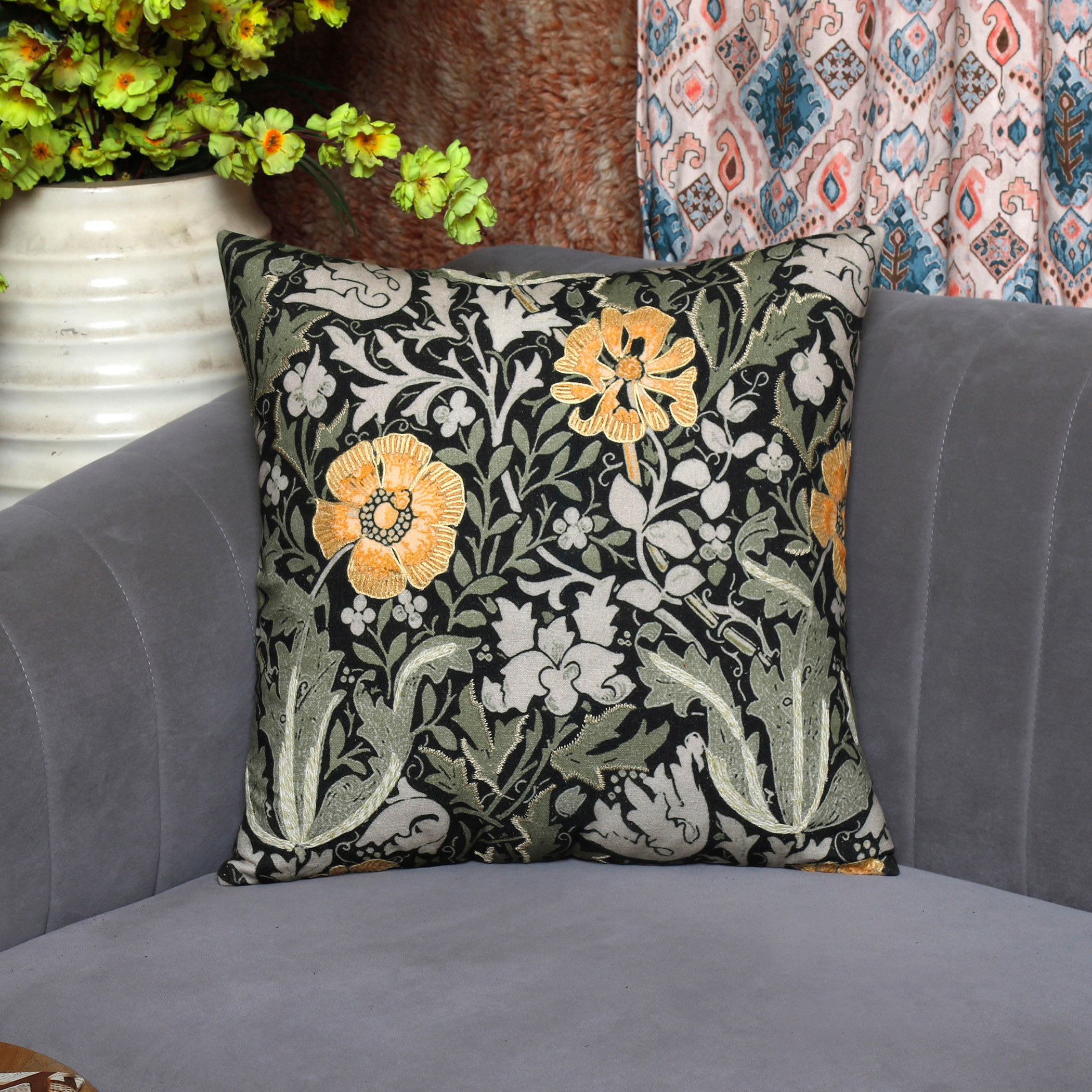 Rhea Printed and Embroidered Filled Cushion - 50x50 cm-household-cushionsandthrows-filledcushions-decorativecushions-image-1