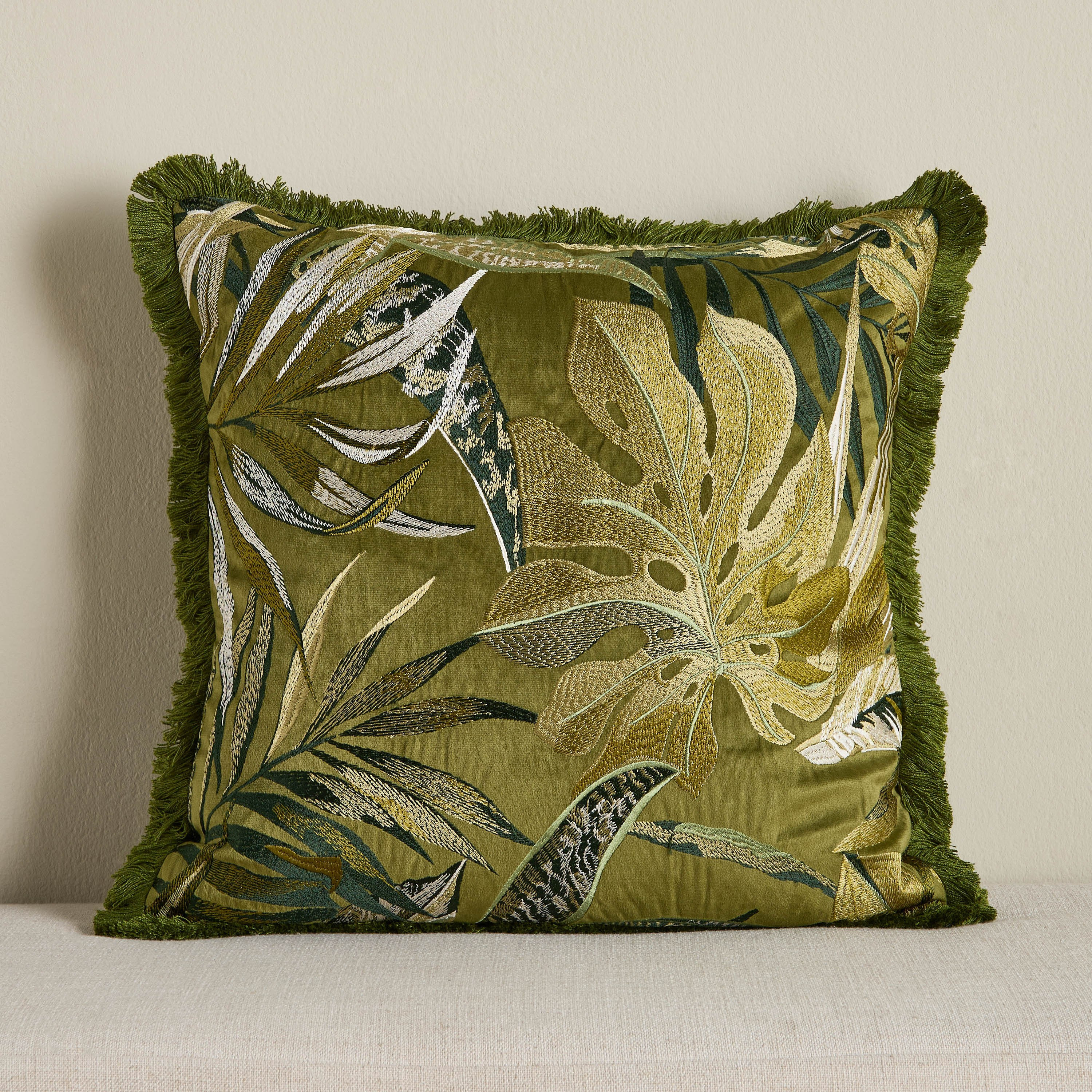 Tsubo Leaves Embroidered Filled Cushion - 50x50 cm-household-cushionsandthrows-filledcushions-decorativecushions-image-1