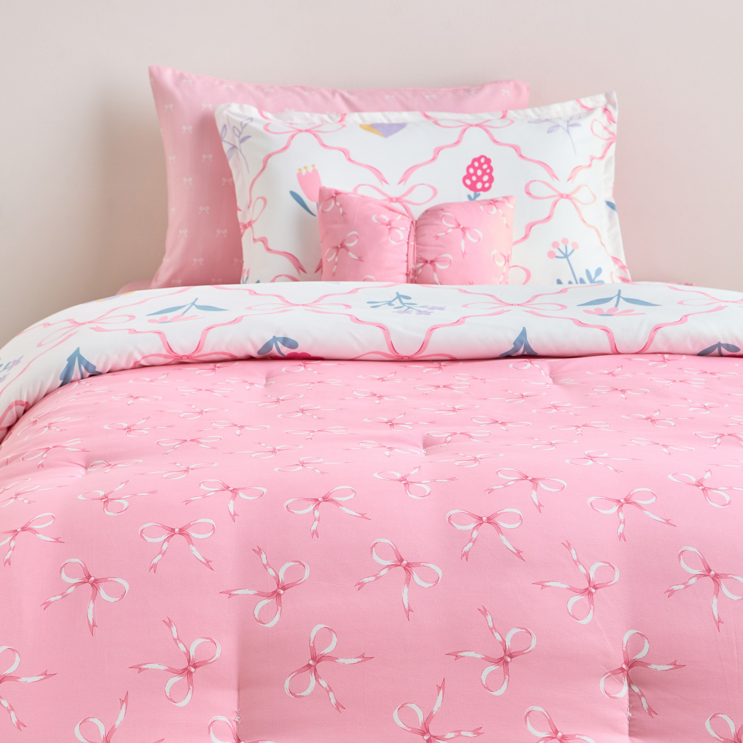 Bows Printed 5-Piece Single Comforter Set - 135x220 cm-babyandkids-beddingandwindows-bedding-comforters-image-2