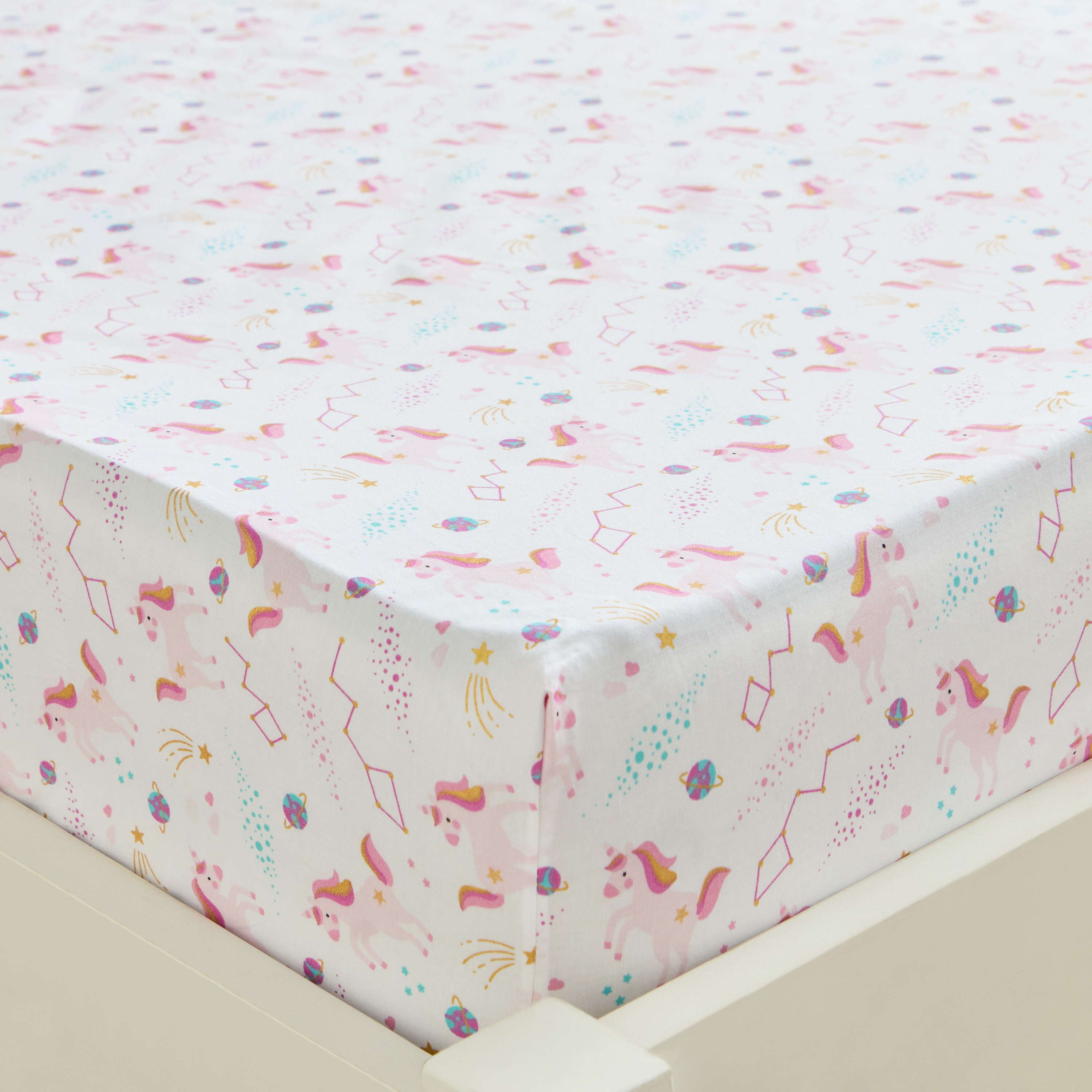 Dreamz Unicorn Cotton 200 Thread Count Full Fitted Sheet - 120x200 cm-babyandkids-beddingandwindows-bedding-fittedandflatsheets-image-1