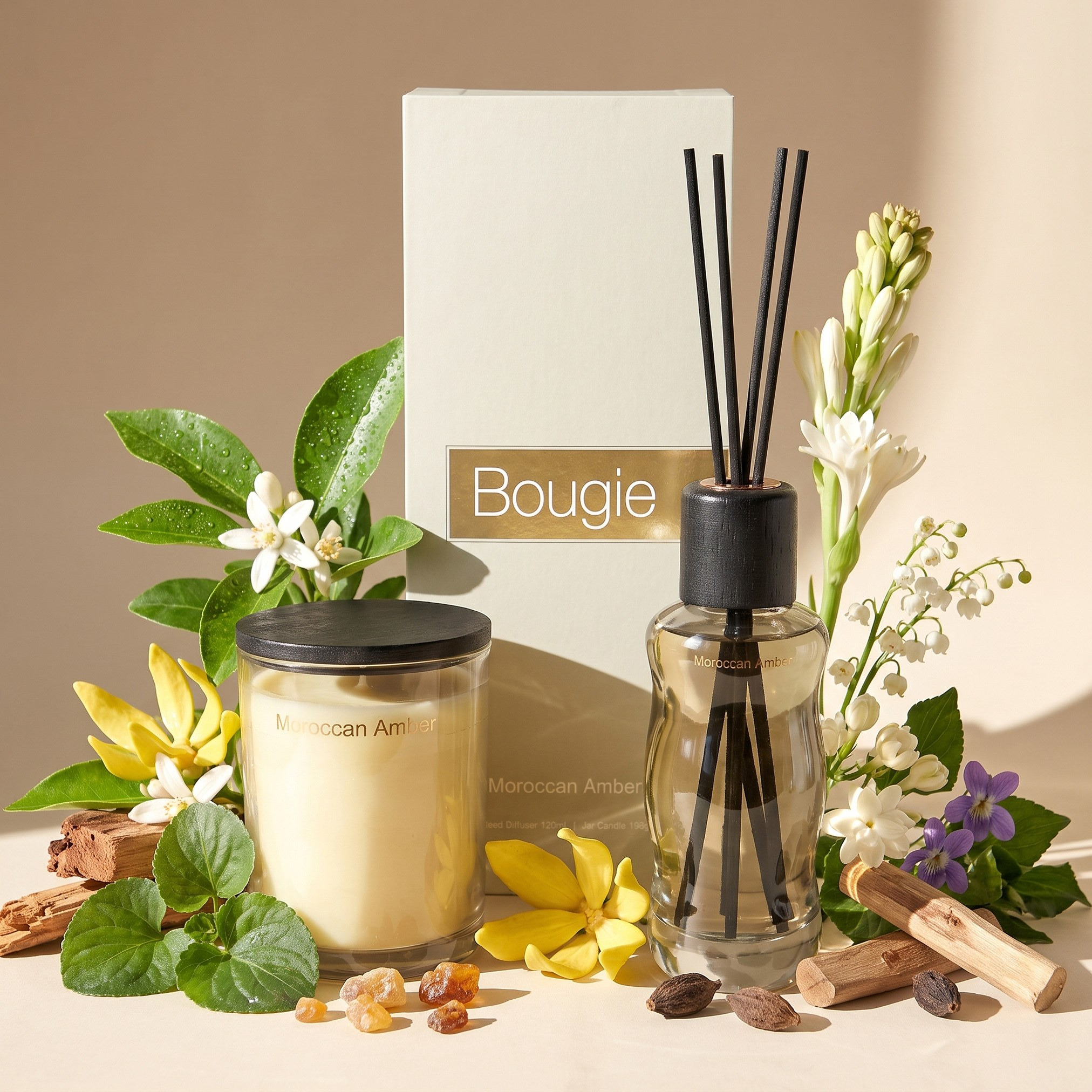Bougie Moroccan Amber Jar Candle and Reed Fragrance Gift Set