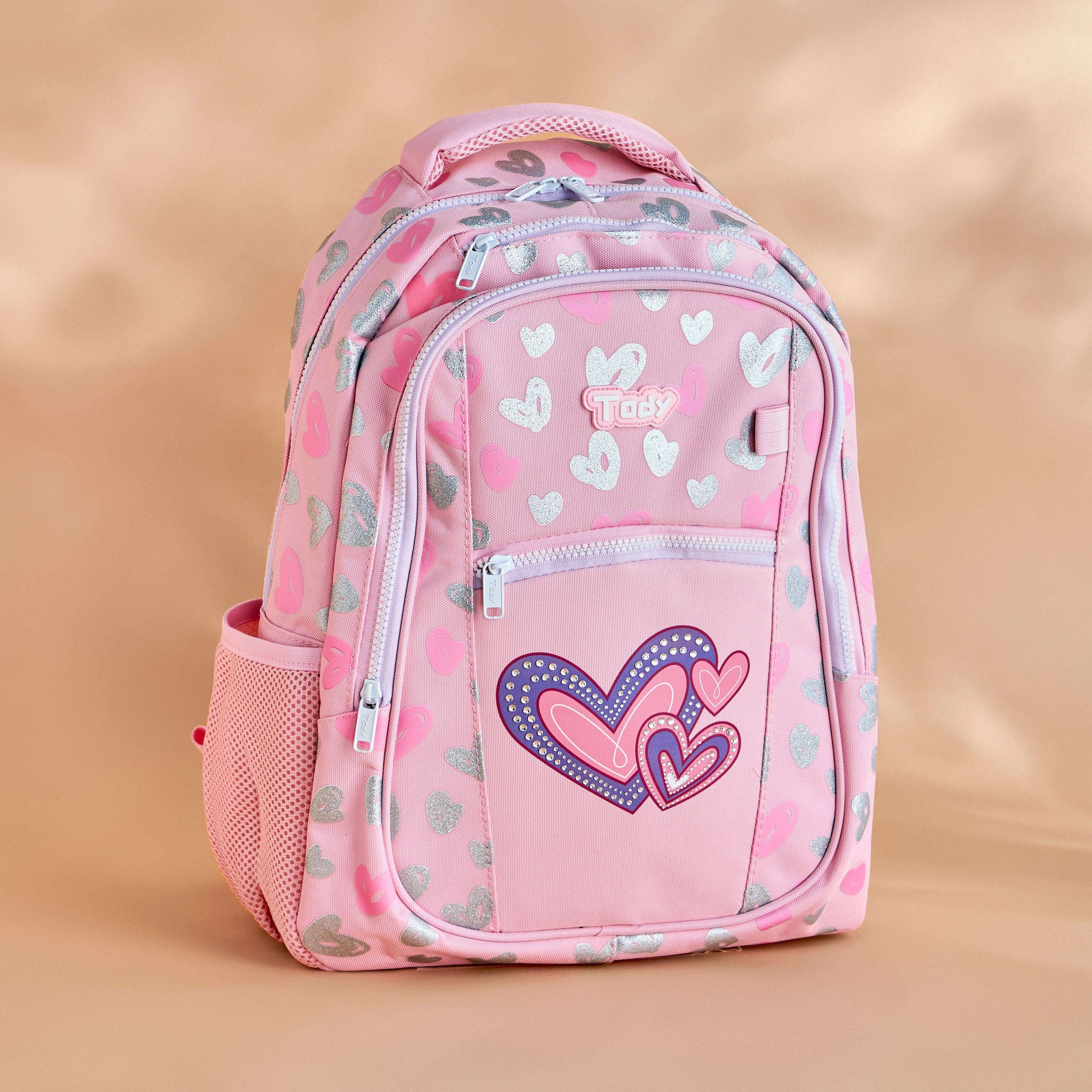 شنطة ظهر بطبعات قلوب وحمّالات كتف قابلة للتعديل - 35 × 22 × 46 سم-babyandkids-schoolessentials-schoolbags-image-1