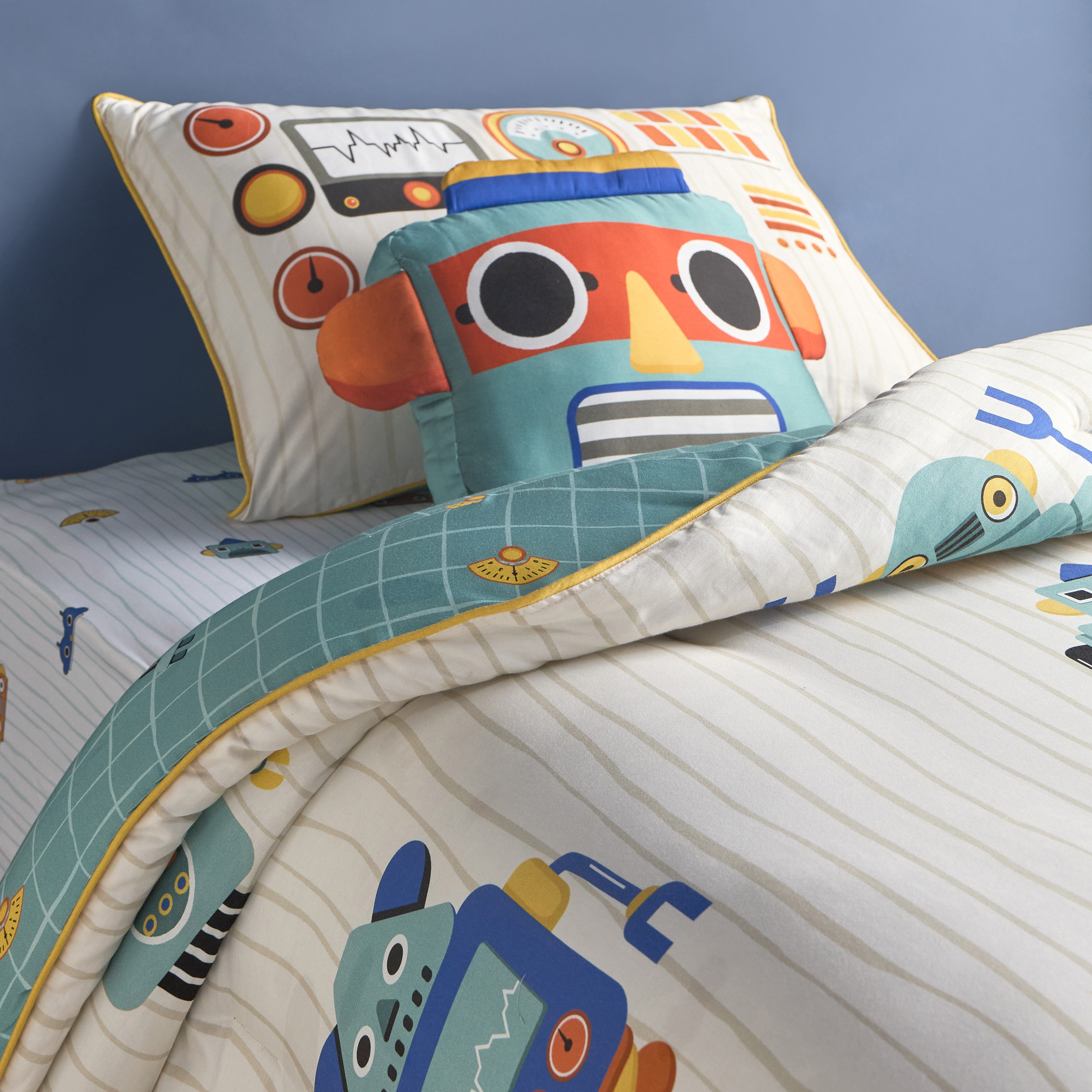 Robot Cotton Printed 4-Piece Single Comforter and Sheet Set - 135x220 cm-babyandkids-beddingandwindows-bedding-comforters-image-1