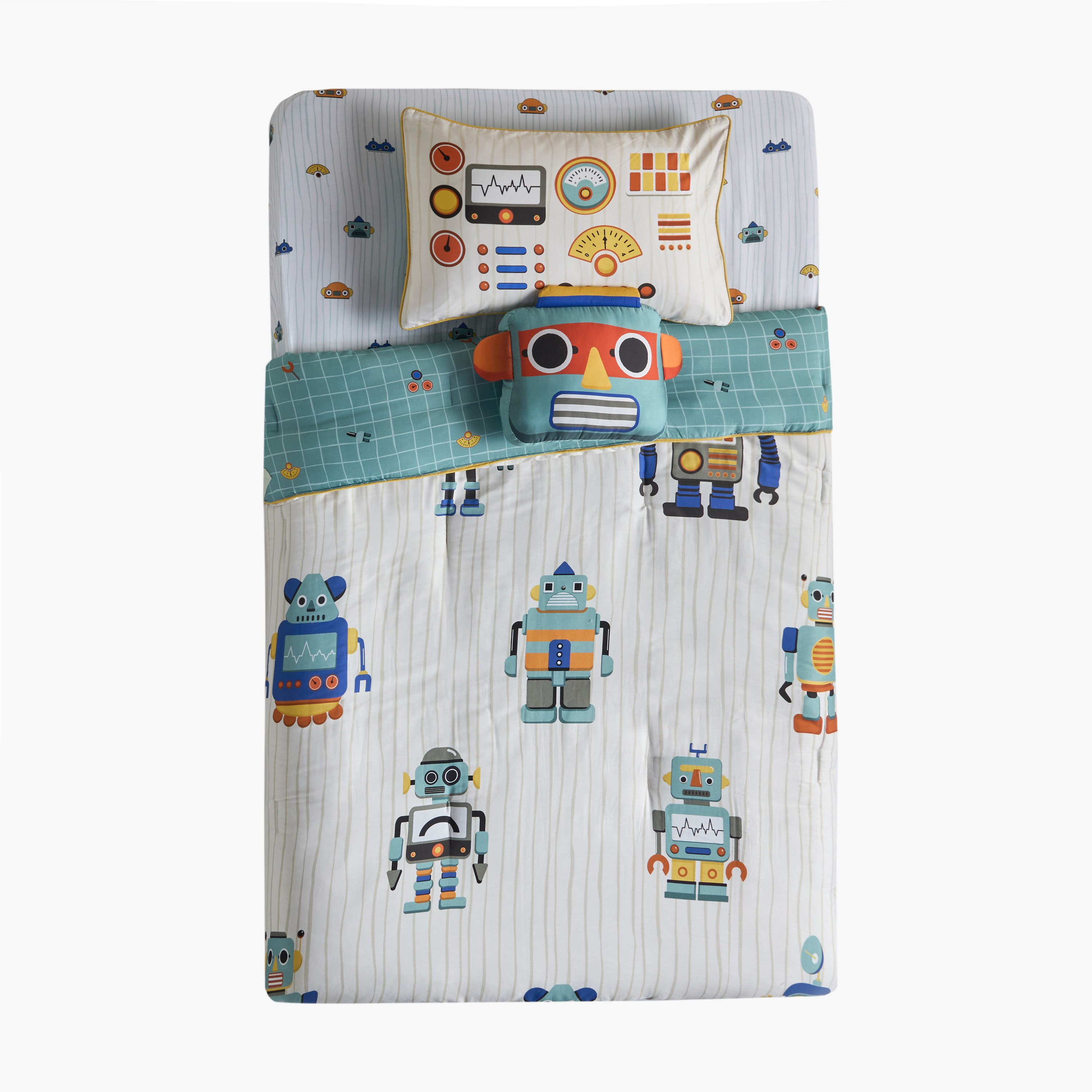 Robot Cotton Printed 4-Piece Single Comforter and Sheet Set - 135x220 cm-babyandkids-beddingandwindows-bedding-comforters-image-7