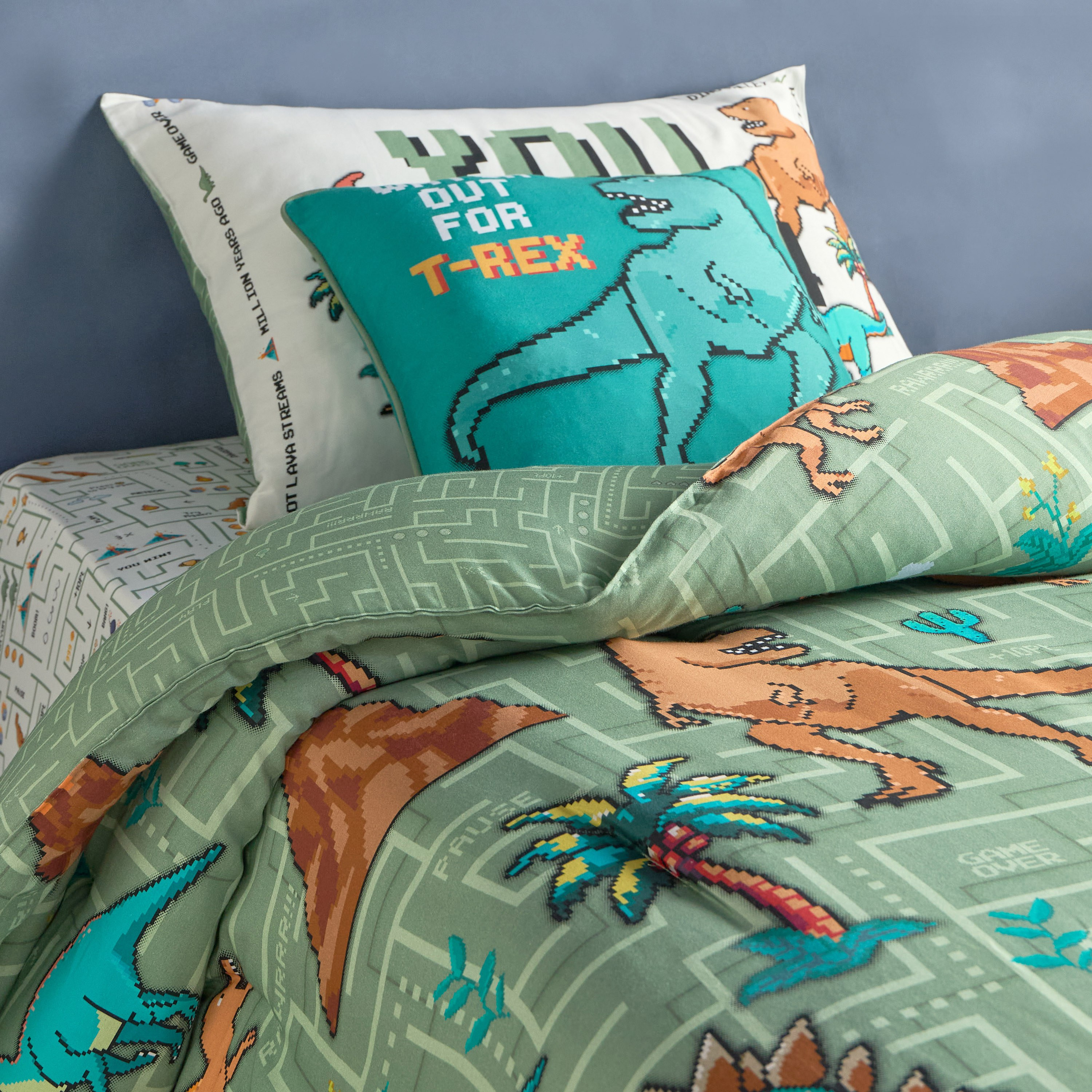 Ringo Pixel Dino Cotton Printed 4-Piece Full Comforter and Sheet Set - 160x220 cm-babyandkids-beddingandwindows-bedding-comforters-image-1