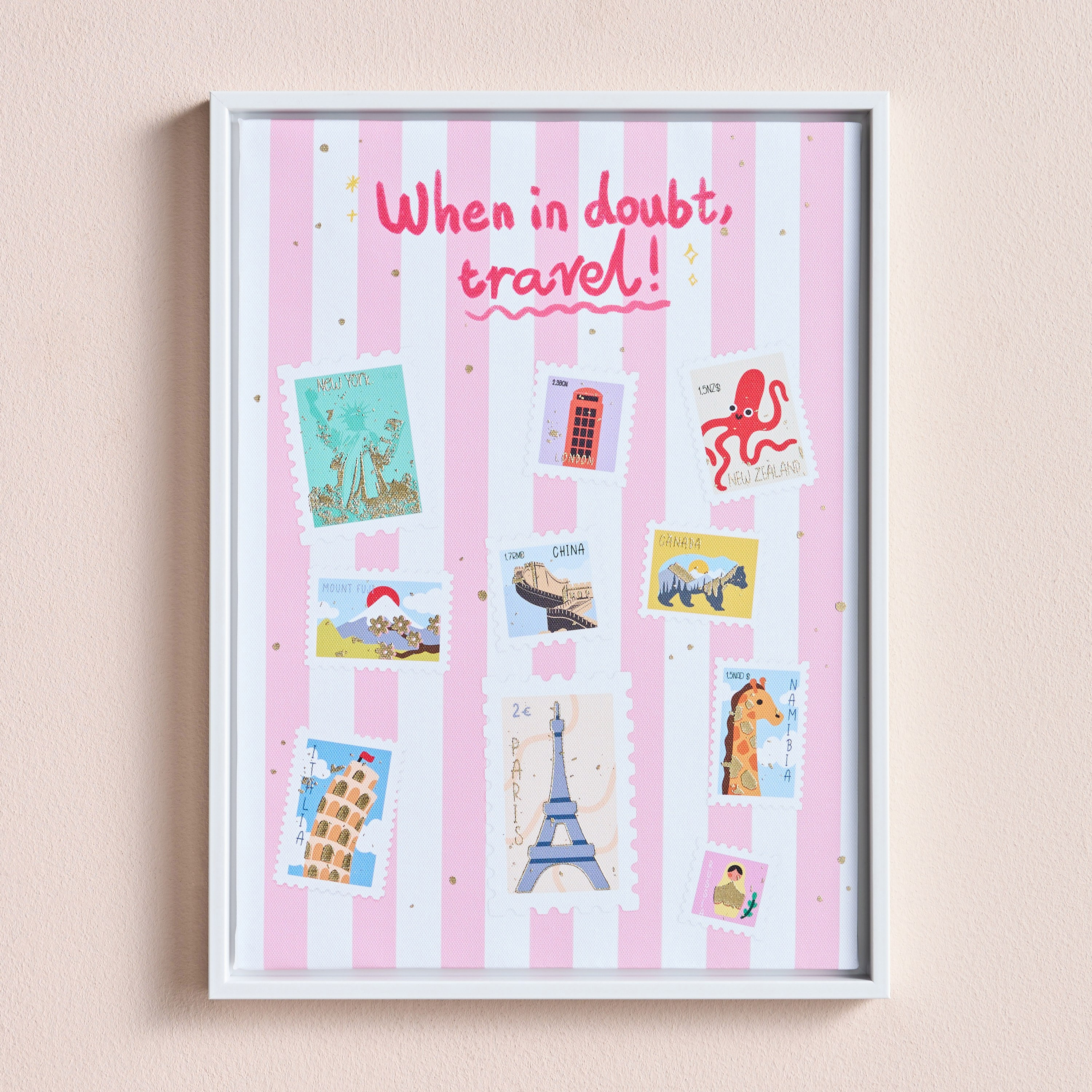 Juno Travel Stamps with Foil Framed Canvas Wall Art - 30x40 cm