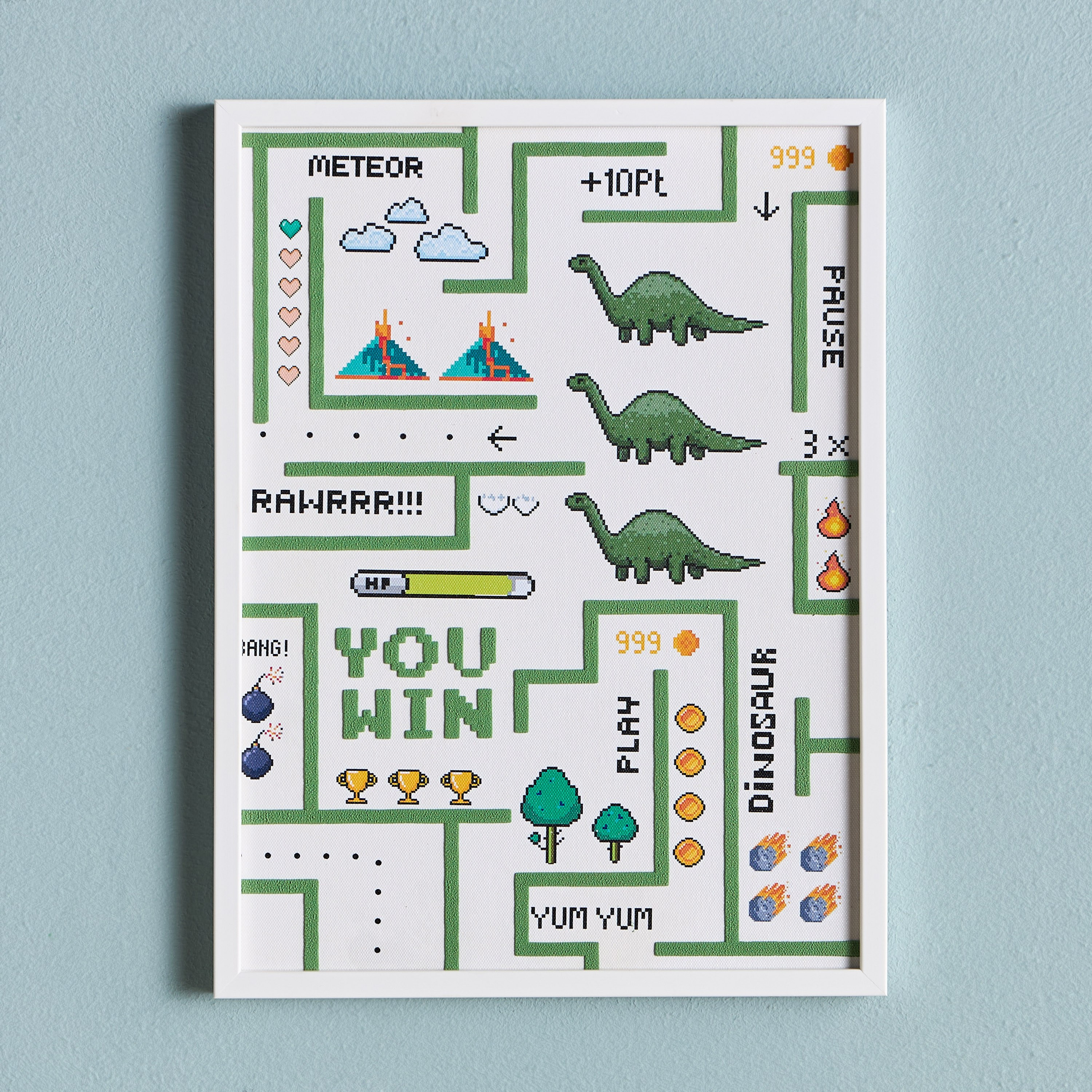 Ringo Pixel Dino You Win Framed Canvas Wall Art - 30x40 cm