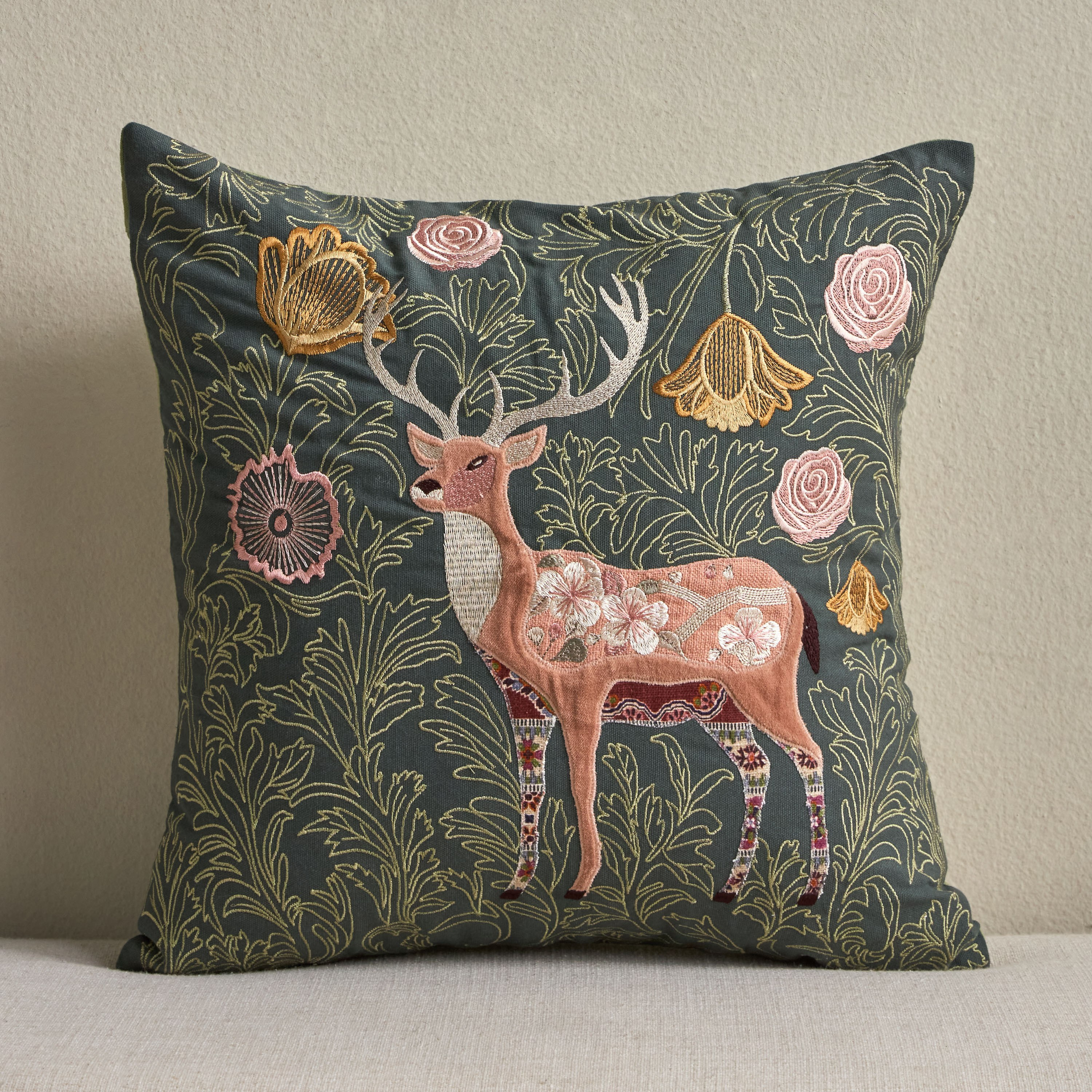 Meadows Deer Embroidered Cushion Cover - 45x45 cm-household-cushionsandthrows-cushioncovers-image-1