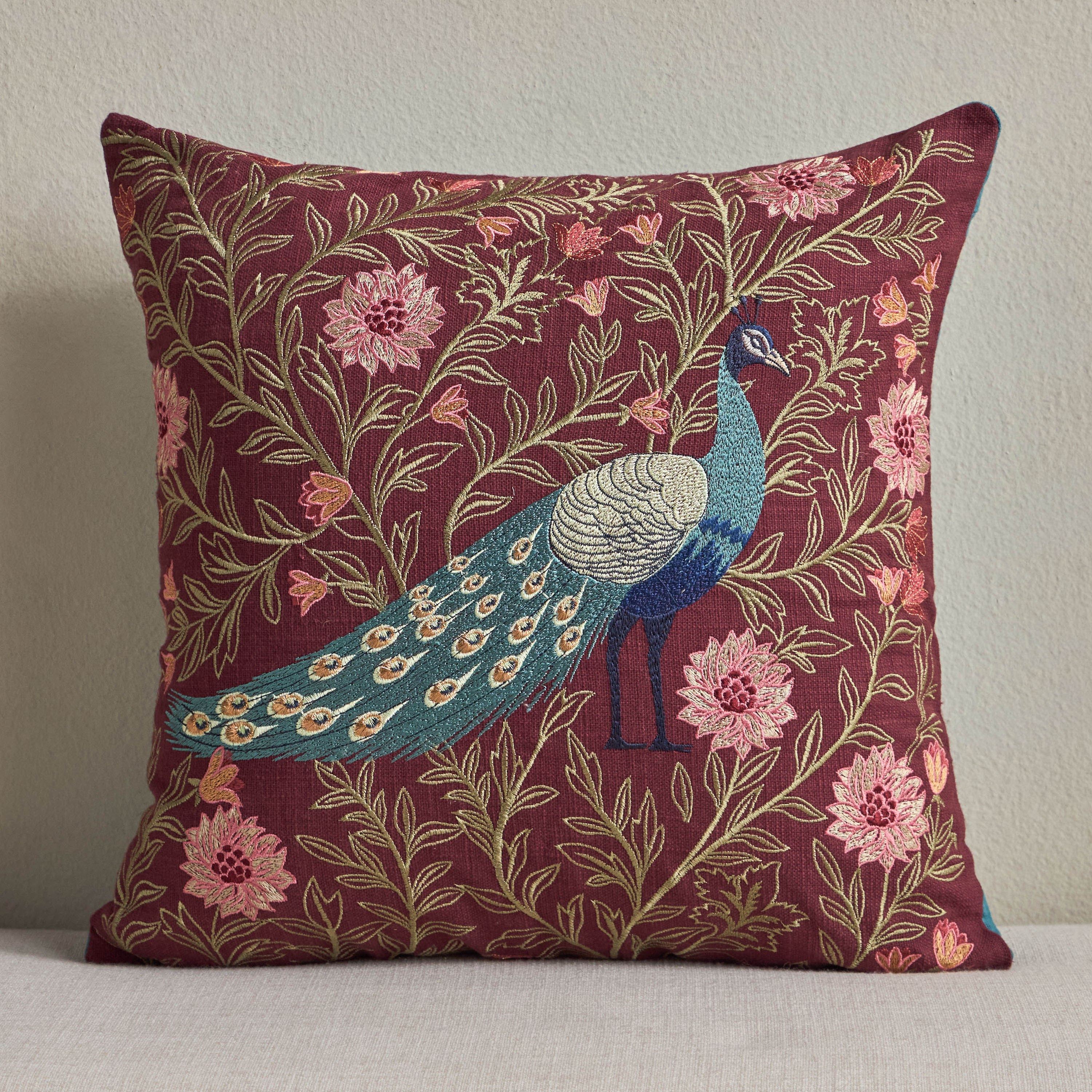 Meadows Peacock Embroidered Cushion Cover - 45x45 cm-household-cushionsandthrows-cushioncovers-image-1